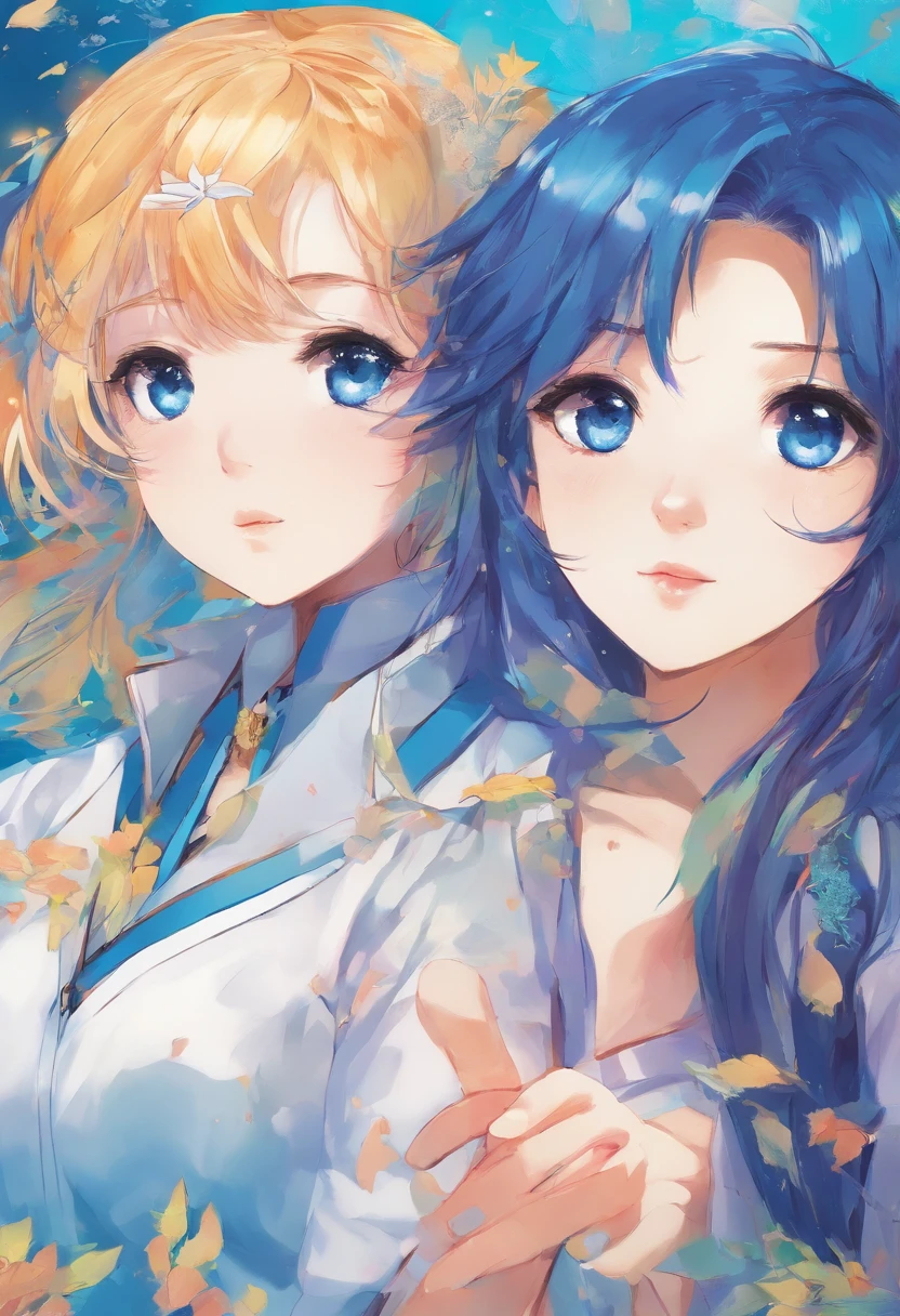(best quality,realistic), beautiful detailed blue eyes,curt blue hair,two girls,talking,portrait,soft lighting,vibrant colors