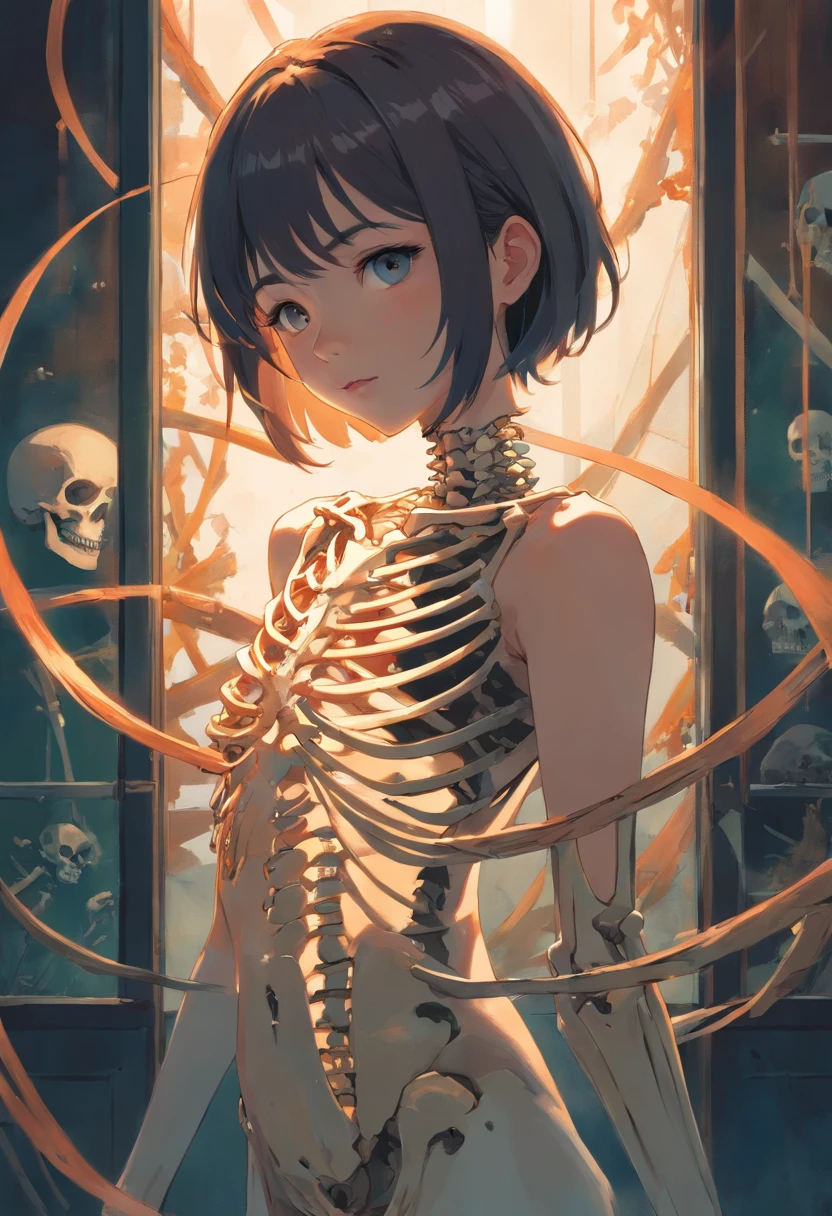 A girl with a half skeleton body. Knotting. Moody lighting. In the style of Adrian Ghenie, surrealism, Takato Yamamoto, Tim Burton. Anime girl. Guweiz. Pixiv.