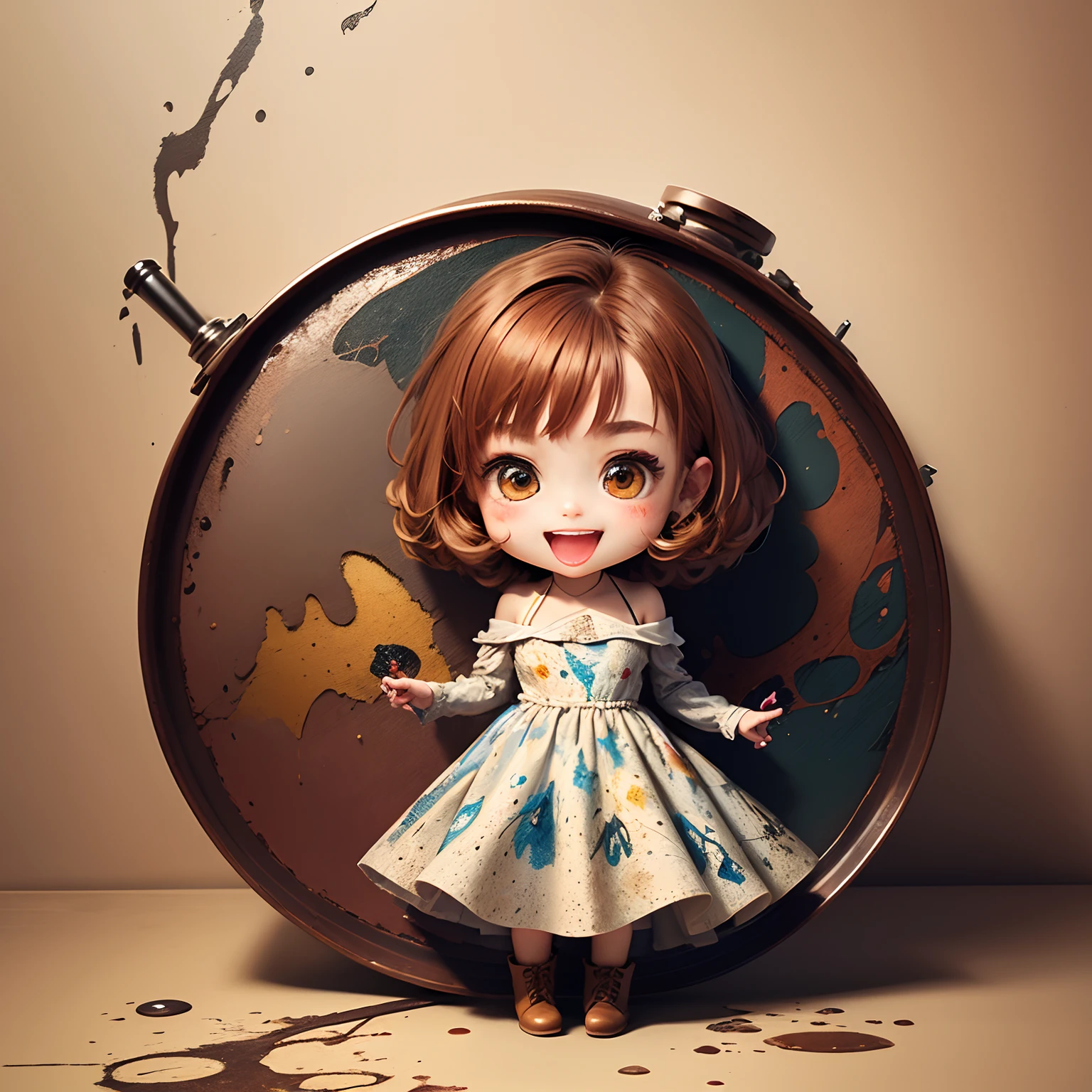 masterpiece、top-quality、ultra-detailliert、(Chibi Chara's Daughter:1.2)、Reddish brown Sauvage hair, (Jackson Pollock Long Dress :1.4),Beige knit short boots、Open your mouth and smile、Brown shoulder bag、Wallpaper with brown argyle pattern background