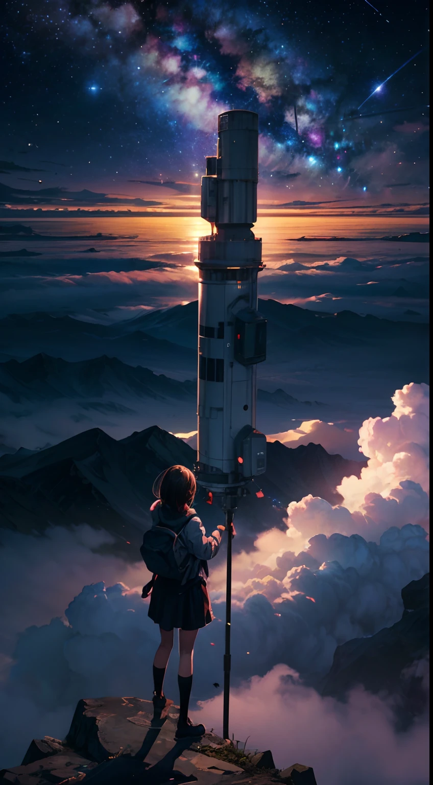 Step into a world of wonder and ethereal beauty, where reality and dreams intertwine. Visualize an awe-inspiring scene - a breathtaking view of a sea of stars, shimmering brilliantly above a blanket of fluffy clouds. In the foreground, a young girl stands on a cloud, her silhouette poised against the celestial panorama.
BREAK 
Describe the girl's stance as she gazes up at the vast expanse of twinkling stars, capturing her sense of awe and reverence. Explore the emotions evoked by the scene - a mix of wonder, curiosity, and a deep connection to the vastness of the universe. Consider the significance of this moment for the girl - is she contemplating her place in the cosmos, seeking solace or inspiration, or perhaps embarking on a celestial journey of her own?
BREAK 
Craft a brief narrative or evoke a sense of atmosphere, using evocative language to emphasize the surreal and otherworldly nature of the scene. Explore the interplay between the tangible and the intangible - the solid cloud beneath her feet contrasting with the infinite expanse of stars above. Consider incorporating sensory details such as the soft touch of the cloud, the sound of distant celestial music, or the faint scent of stardust in the air.