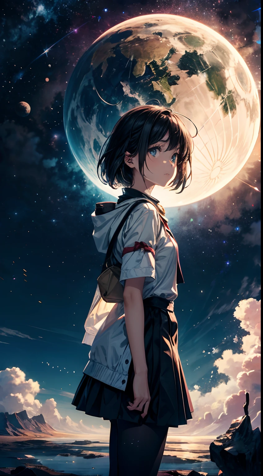 Step into a world of wonder and ethereal beauty, where reality and dreams intertwine. Visualize an awe-inspiring scene - a breathtaking view of a sea of stars, shimmering brilliantly above a blanket of fluffy clouds. In the foreground, a young girl stands on a cloud, her silhouette poised against the celestial panorama.
BREAK 
Describe the girl's stance as she gazes up at the vast expanse of twinkling stars, capturing her sense of awe and reverence. Explore the emotions evoked by the scene - a mix of wonder, curiosity, and a deep connection to the vastness of the universe. Consider the significance of this moment for the girl - is she contemplating her place in the cosmos, seeking solace or inspiration, or perhaps embarking on a celestial journey of her own?
BREAK 
Craft a brief narrative or evoke a sense of atmosphere, using evocative language to emphasize the surreal and otherworldly nature of the scene. Explore the interplay between the tangible and the intangible - the solid cloud beneath her feet contrasting with the infinite expanse of stars above. Consider incorporating sensory details such as the soft touch of the cloud, the sound of distant celestial music, or the faint scent of stardust in the air.