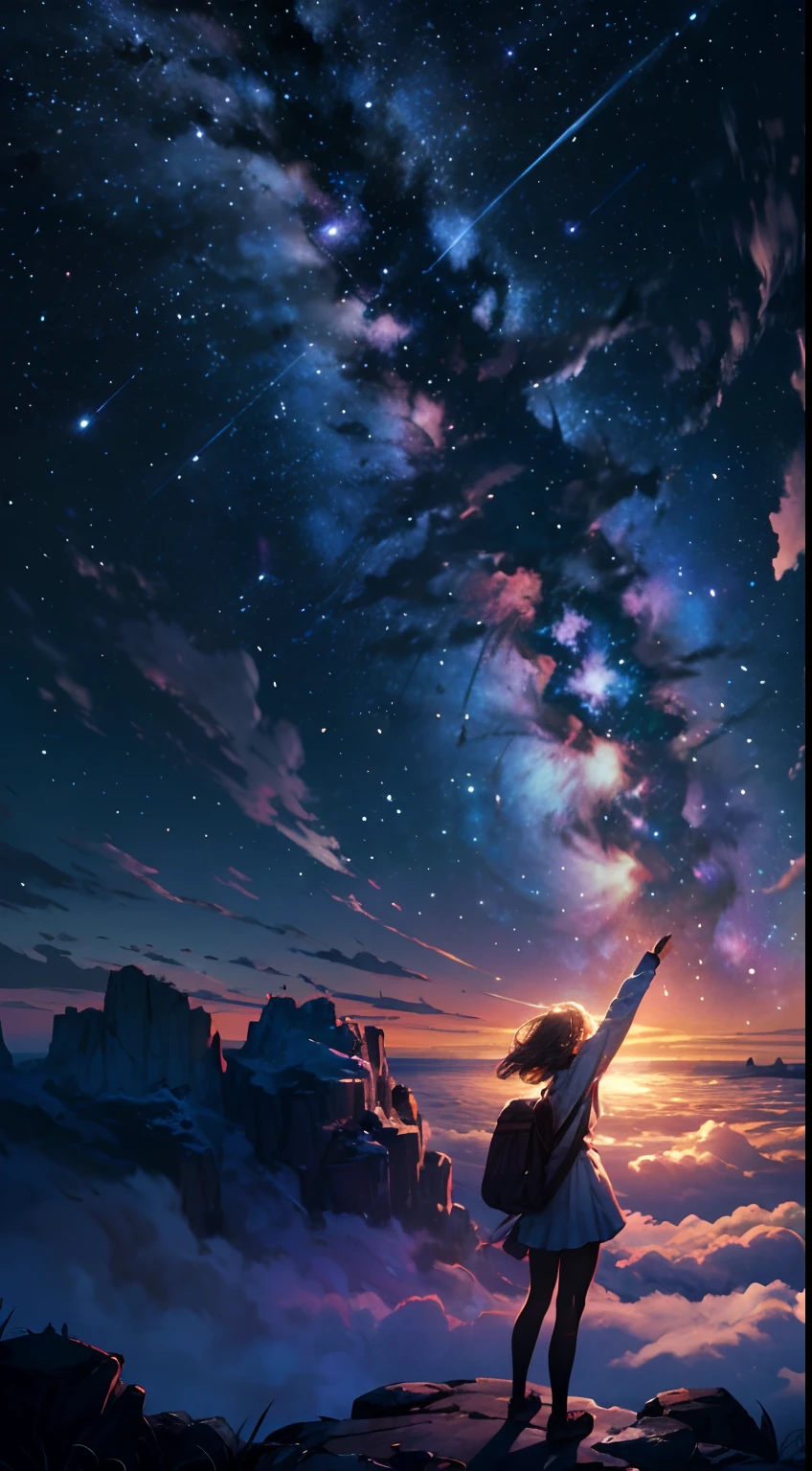 Step into a world of wonder and ethereal beauty, where reality and dreams intertwine. Visualize an awe-inspiring scene - a breathtaking view of a sea of stars, shimmering brilliantly above a blanket of fluffy clouds. In the foreground, a young girl stands on a cloud, her silhouette poised against the celestial panorama.
BREAK
Describe the girl's stance as she gazes up at the vast expanse of twinkling stars, capturing her sense of awe and reverence. Explore the emotions evoked by the scene - a mix of wonder, curiosity, and a deep connection to the vastness of the universe. Consider the significance of this moment for the girl - is she contemplating her place in the cosmos, seeking solace or inspiration, or perhaps embarking on a celestial journey of her own?
BREAK
Craft a brief narrative or evoke a sense of atmosphere, using evocative language to emphasize the surreal and otherworldly nature of the scene. Explore the interplay between the tangible and the intangible - the solid cloud beneath her feet contrasting with the infinite expanse of stars above. Consider incorporating sensory details such as the soft touch of the cloud, the sound of distant celestial music, or the faint scent of stardust in the air.