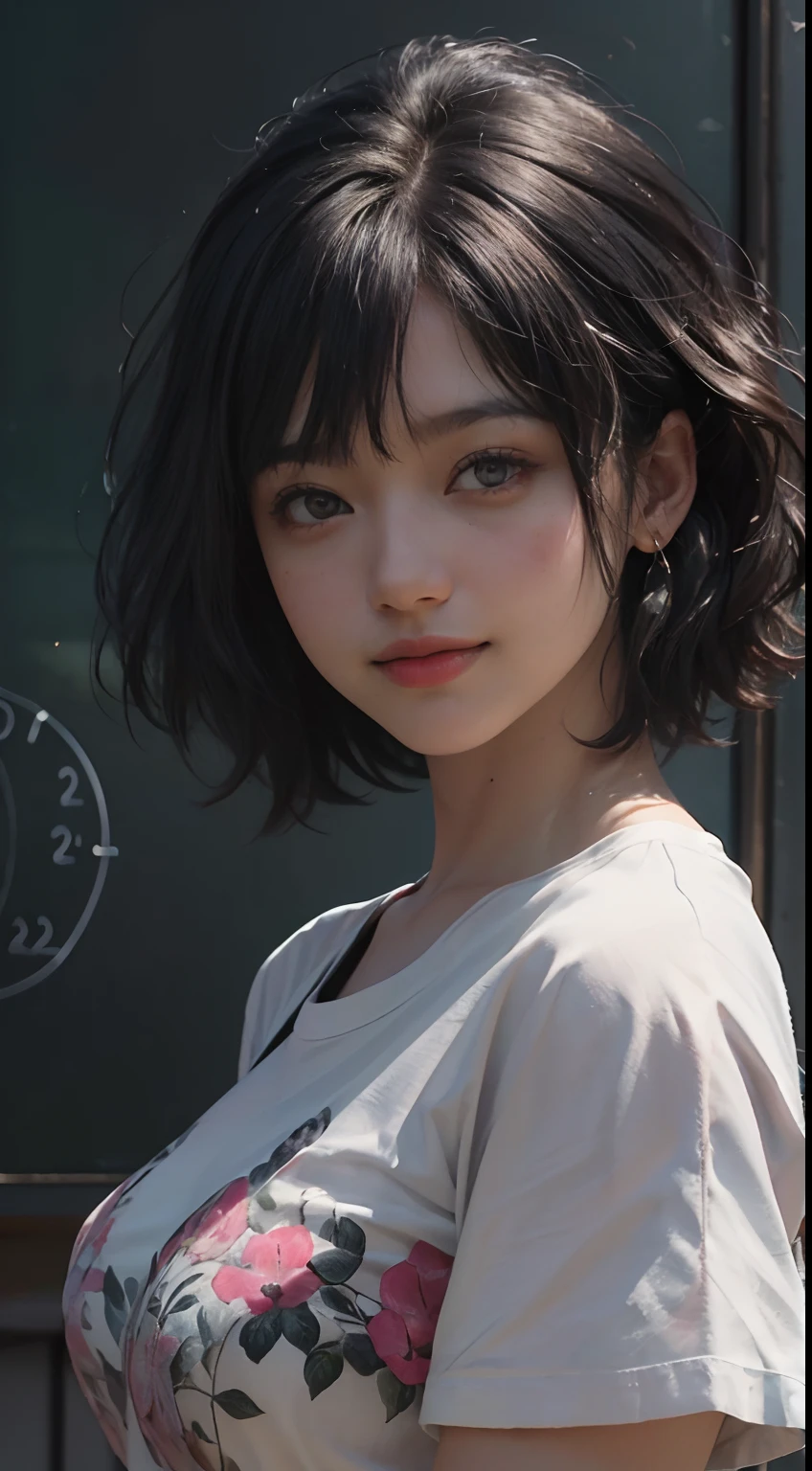 (((Black Shorthair:1.2))), (a 20 yo woman), (T-shirt design), (Floral clothing), (Breast bulge),((Being in the physics classroom)), (A hyper-realistic), (Relaxed), (Increased resolution), (8KUHD), (Extremely detailed), (Best Illustration), (Beautiful and detailed eyes), (Best Quality), (ultra-detailliert), (masutepiece ), ( Wallpaper), (Detailed face), Fine details, Deep Shadows, lowkey, Smiling, (Portrait of Einstein), (Portraits of many physicists), (Solving the formula on the blackboard)