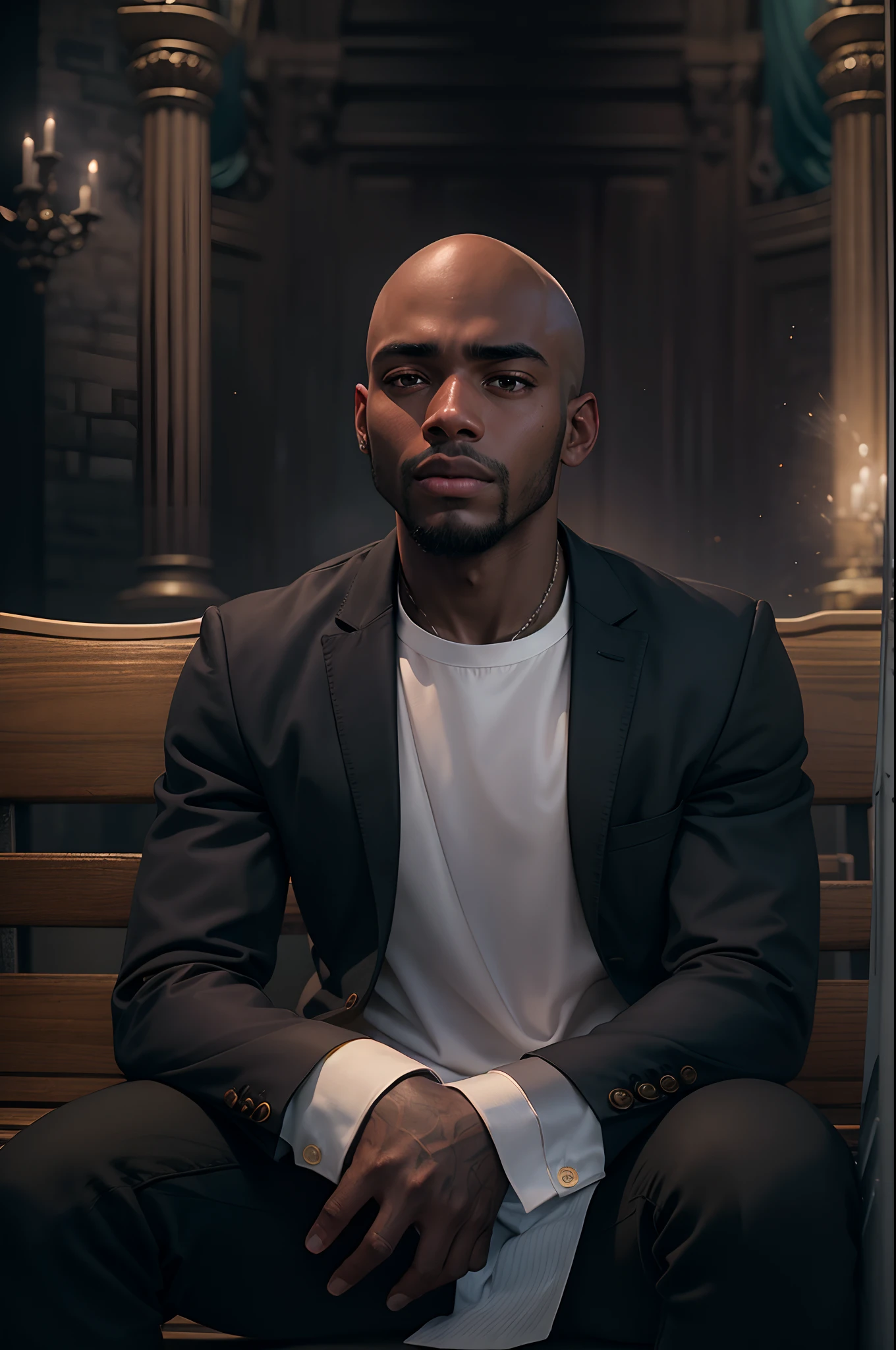 Realistic 8K image of a 25 year old black man, bald, dressed in an open black blazer and a white blouse underneath, sickly expression, sitting on a bench in an evangelical church set up for a wedding, night scene