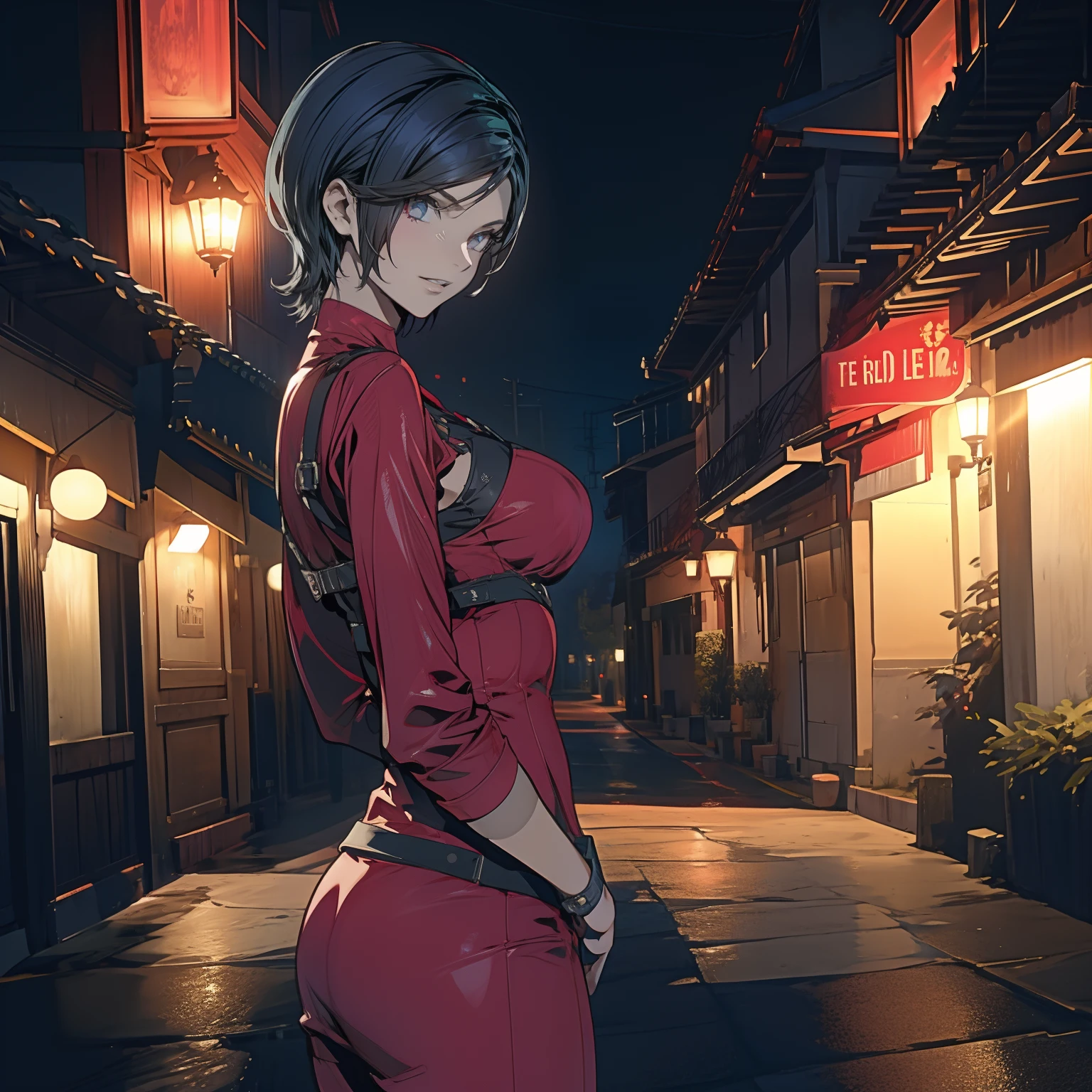 1 girl, solamente, Ada Wong de Resident Evil 4 Remake, pelo corto, cabello negro, red dress, cleavage, bikini rojo, cara de Adriana, Visor mirando,Looking back, cuerpo completo sonrisa tortuosa,La mejor calidad, High resolution:1.2, Pueblo del siglo 18 en el fondo, Sombras, Nightime, Luz de la luna, Disparo en la parte superior del cuerpo, low camera angle, Profundidad de campo, Enfoque central, detailed eyes, perfect face and eyes