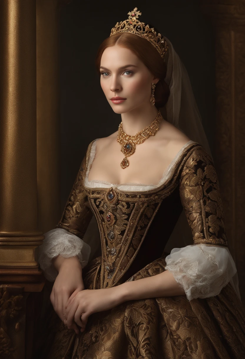 (Best quality,ultra-realistic:1.2),A high resolution,Ultra-detailed,Portrait wife of King Henry VIII,Toile de fond urbaine,Beaux yeux expressif,beautiful detailed lips,espagnole, cheveux sombre, Beautiful and elegant personality,Sumptuous dress outfit as well as the hairstyle of his time that reflects the royal status. religieux, foi catholique. Tenez-vous en confiance, ,Slightly dark skin color, espagnole.Sculpted skin,Joaillerie,colliers croix catholique,Contexte historique,Calm and powerful manners,Dark black and gold color scheme,maquillage naturel,glowing complexion,Ornate crown,Royal and elegant presence,Expression sereine,Improve facial features,Des cheveux de luxe fluides.Face to face the screen. Gaze fixed on the screen., Realstic, 8k, Cinematic face to the screen.