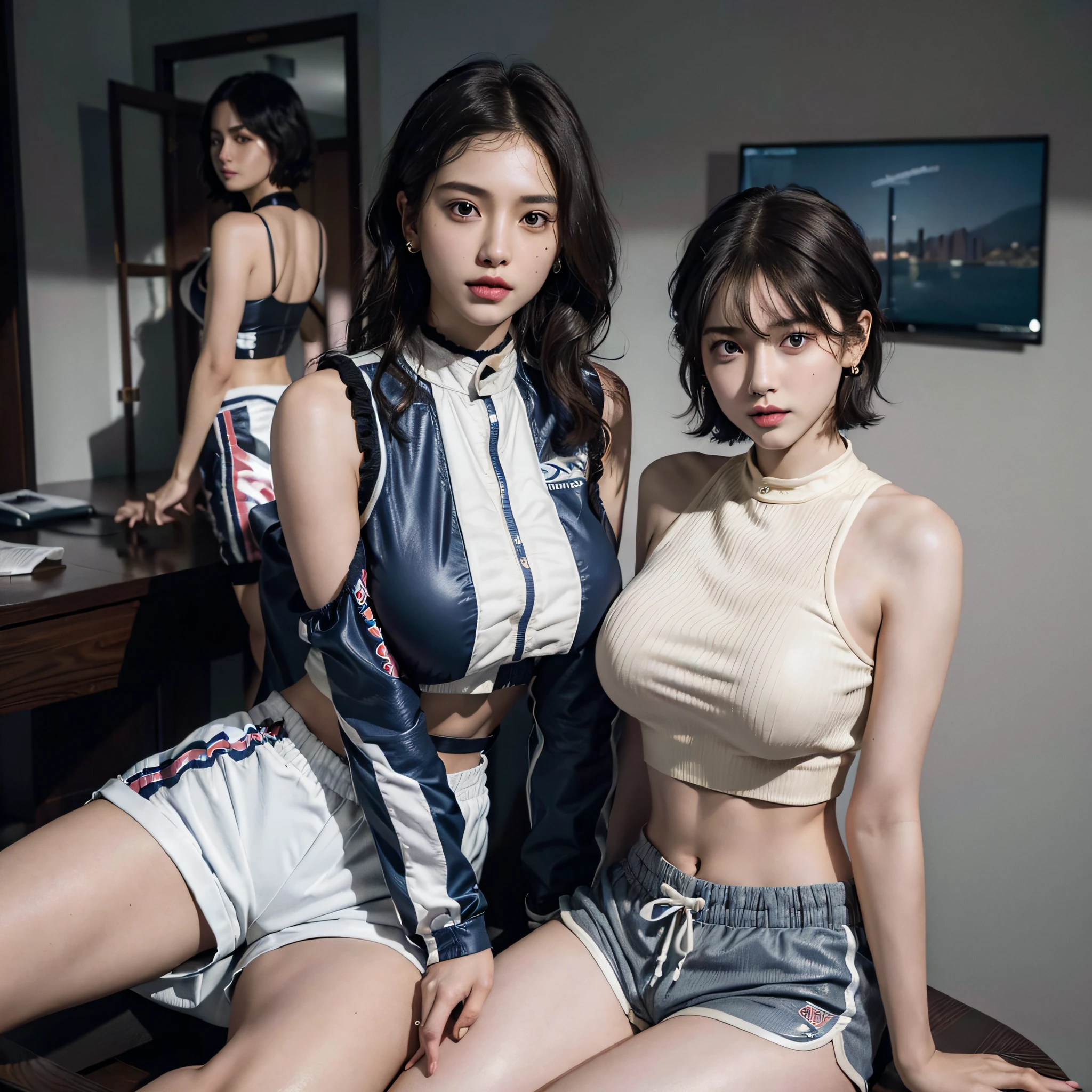 absurdres, RAW photo, extremely delicate and beautiful, masterpiece, Best Quality, ultra high resolution, 16k, hyperrealistic, ultra-detailed, Very detailed CG 8k wallpaper, Beautiful Lighting, Perfect Lightning, Realistic Shadows, perfect anatomy, super Detailed skin, perfect figure, Japanese woman, late 20s, very Slim body, narrow waist, very small head, handsome detailed woman, very detailed eyes and face, realistic face proportions, Stunning detailed eyes, Realistic beautiful face, very small face, Realistic small beautiful eyes, double eyelids, makeup, tearful mole, mole on chest, earring, bare legs, beautiful and very thin legs, beautiful and very thin thighs, (((very huge round breasts))), (((full body shot))), (((((short hair))))), (((wavy hair))), (((((Race Queen suit))))), (((shorts))), (((midriff peek))), (((sleeveless))), (((((2 girls))))), (bare arms),