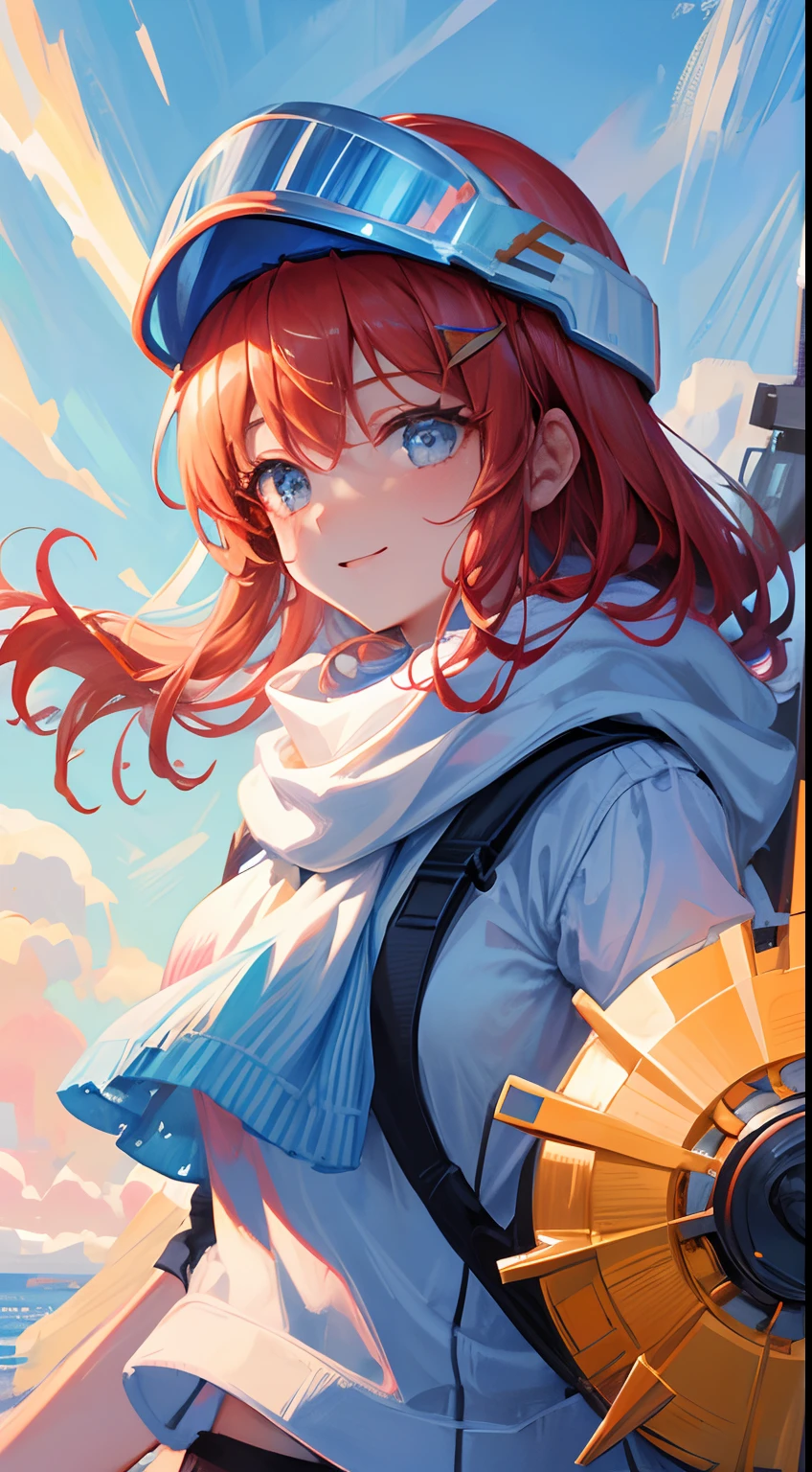 (masterpiece), best quality, expressive eyes, perfect face, a close up of a woman with ski helment, ((the helmet has a visor)), the helmet is colorful, the woman is using white clothes, she has ginger hair, she has blue eyes, is outside, is snowing, tshe is using a red scarf, here is trees in the background, she is smilling, she has an beautiful hair, the temperature is cold, the image transmit a happy feeling, an adventure spirit, the sky is perfect, gorgeous clouds, she alone, scarf