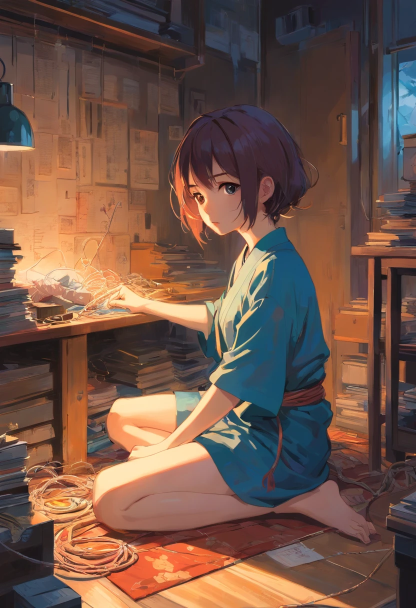 A girl knotting. Moody lighting. In the style of Adrian Ghenie, surrealism, Takato Yamamoto, Tim Burton. Guweiz. Pixiv. Aquarelle.