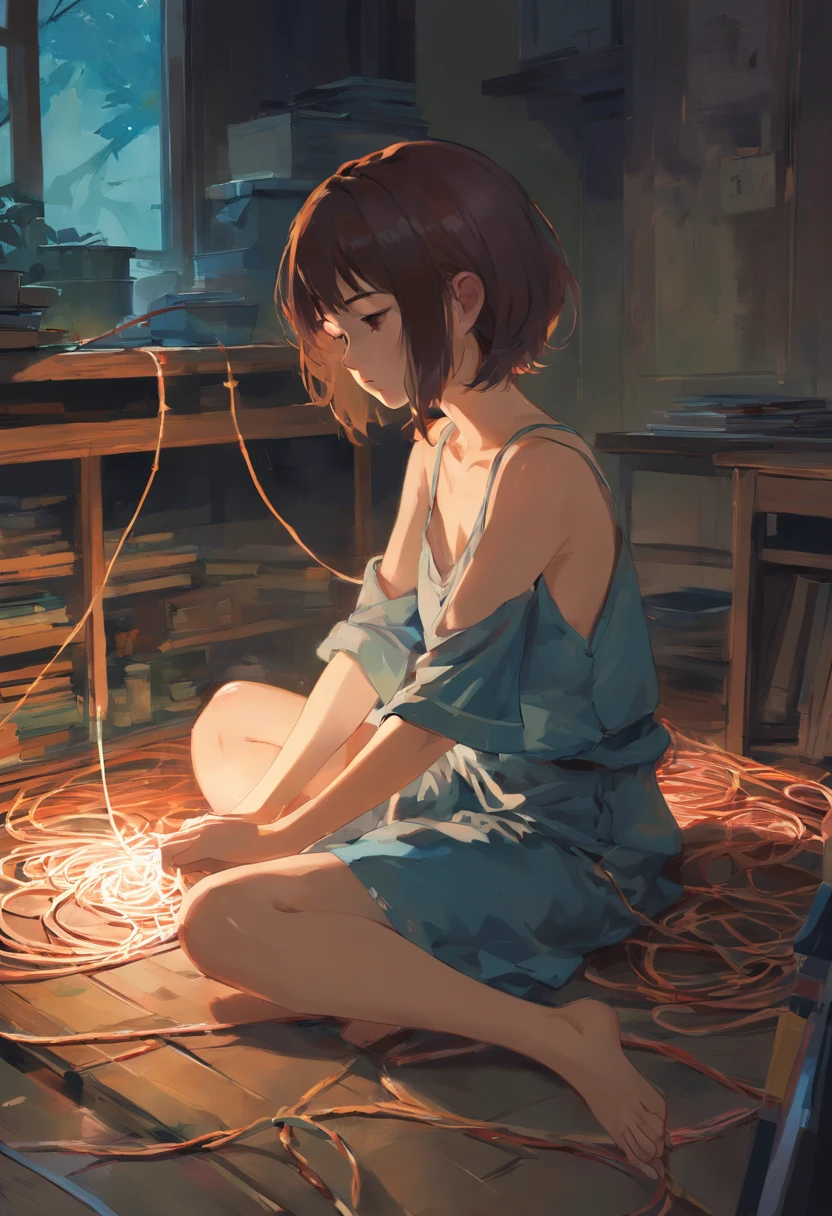 A girl knotting. Moody lighting. In the style of Adrian Ghenie, surrealism, Takato Yamamoto, Tim Burton. Guweiz. Pixiv. Aquarelle.
