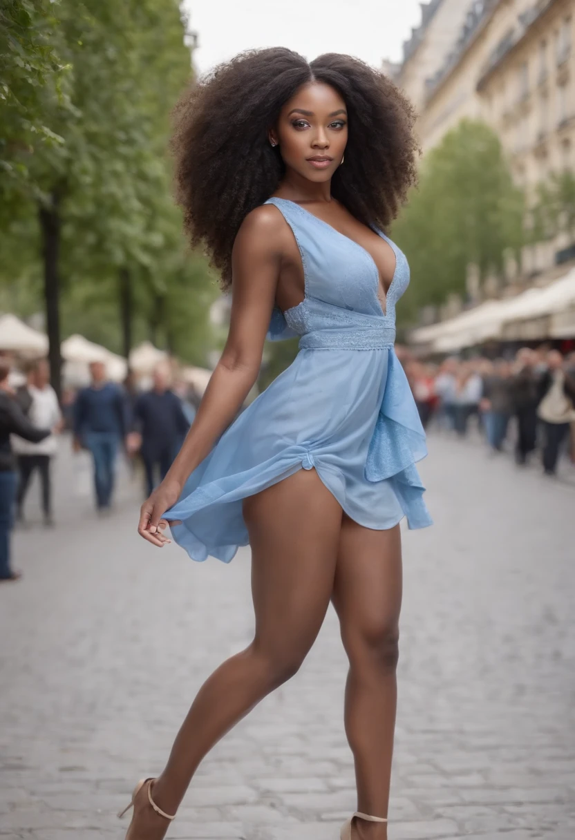 ((Dark African skin, Very deep ebony skin)), ((Its beauty is undeniable)), ((Excited cute face)), ((Hyper detailed perfect eyes,)), ((pose mignonne)), ((Langue sortie)), ((Seductive )), sexy, (( robe sexy couleur bleue , robe courte sexy)), ((Afro ponytail with long African curly hair,)), (( peau)), ((debout, vue de face)), ((toucher ses propres jambes dans une pose sexy)), ((dehors, ville de paris , Ville publique)), Sharp Focus CGI, photoreallistic, High detail, Realstic, Masterpiece, absurdes, Best quality, Hdr, High quality, high-definition, Extremely detailed, 8k wallpaper, Intricate details, 8K UHD, Full-HD, (photo realist:1.2), contraste, intense illumination, lighting cinematic, natural lighting, veilleuse, Nuit, Illumination globale, occlusion ambiante