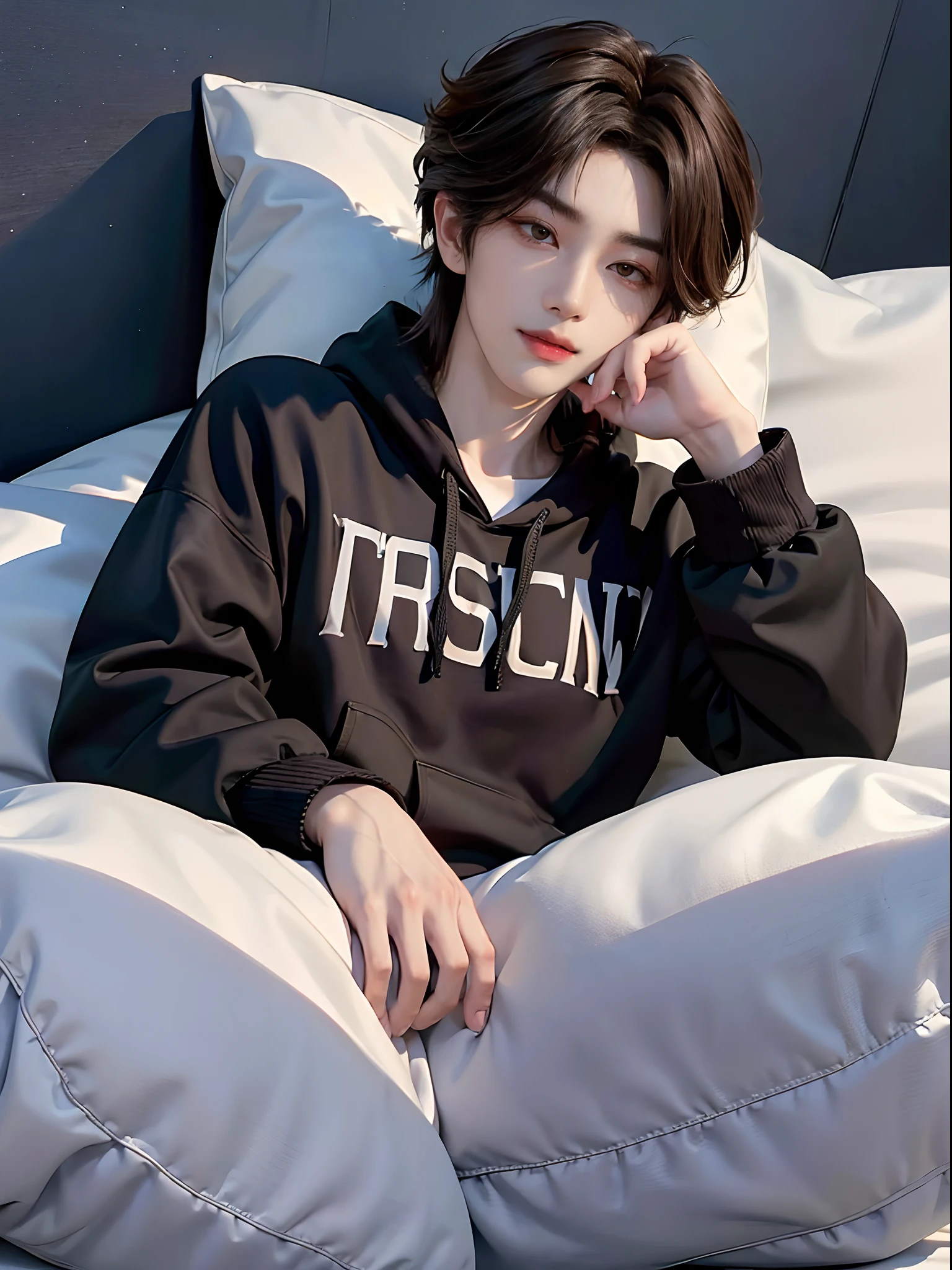 ((4K works))、masterpiece、(top-quality)、((high-level image quality))、((One Manly Boy))、Slim body、((Stylish black hoodie))、(Detailed beautiful eyes)、Stylish bedroom、Selfie with head on pillow、Face similar to Chaewon in Ruseraphim、((short hair above the ears))、((Smaller face))、((Neutral face))、((Light brown eyes))、((Korean boy))、((18year old))、((Handsome man))、((Gentle smile))、((Korean Makeup))、((elongated and sharp eyes))、((Happy dating))、((Lying on the futon with your head on the pillow))、((Shooting from the side))、((He gives the viewer an arm pillow))、((Only the upper part of the body is visible))、((He sleeps next to the viewer))、(((selfee)))、((Face Close-up))、((Focus Zoom))、((Focus zoom on face))