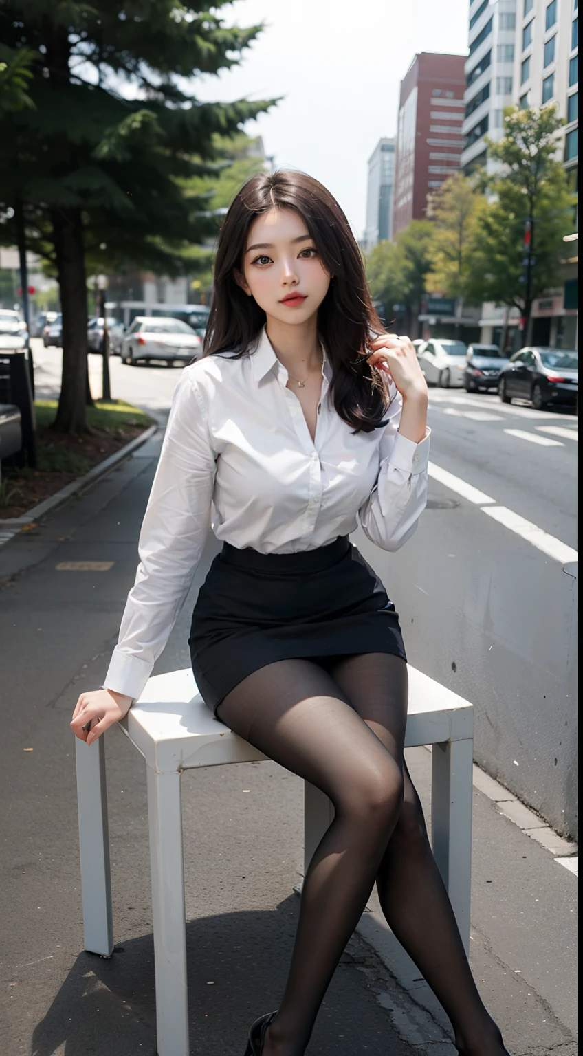 Best quality, full body portrait, delicate face, pretty face, 25 year old woman, slim figure, small bust, OL uniform, office clothes, black stockings, outdoor scene, sitting position, japanese woman, 8K, cinematic