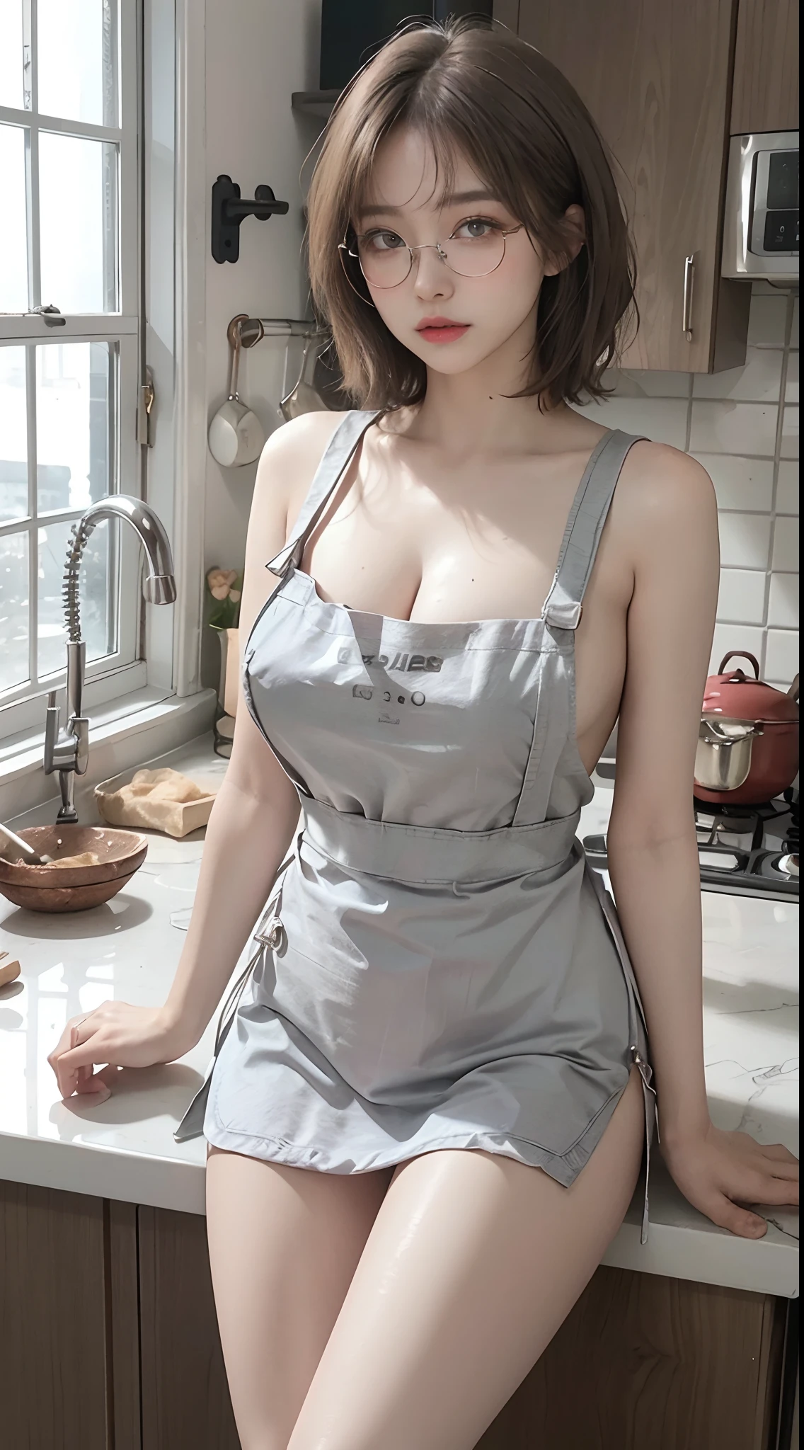 Top image quality、Raw photography、超A high resolution、18-year-old Korean、Glasses beauty、Colossal tits:1.5、cleavage of the breast:1.5、Healthy complexion、shiny white skin、(short cut hair)、((Light brown silver hair))、Beautiful eyes with random colors、very thin lips、beautiful eyes finely detailed、elongated eyes、pale pink blush、long eyeslashes、Beautiful double eyelids、eyeshadows、耳Nipple Ring、Beautiful skin、(Fashionable glasses、Wearing _kitchin_Apron、Broken apron、protruding outer chest,,、Beautiful legs、Attractive thighs)、(slightly thicker thighs、Sit in the kitchen)