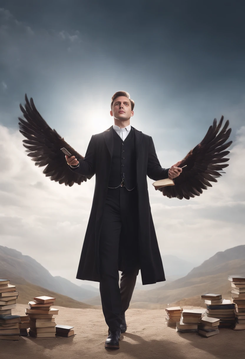 (a man standing in nowhere,white background,black clothes,looking up,a lot of flying books,high angle shot),(best quality,4k,8k,highres,masterpiece:1.2),ultra-detailed,(realistic,photorealistic,photo-realistic:1.37),illustration,additional details,lonely atmosphere,vivid colors,colorful hues,studio lighting