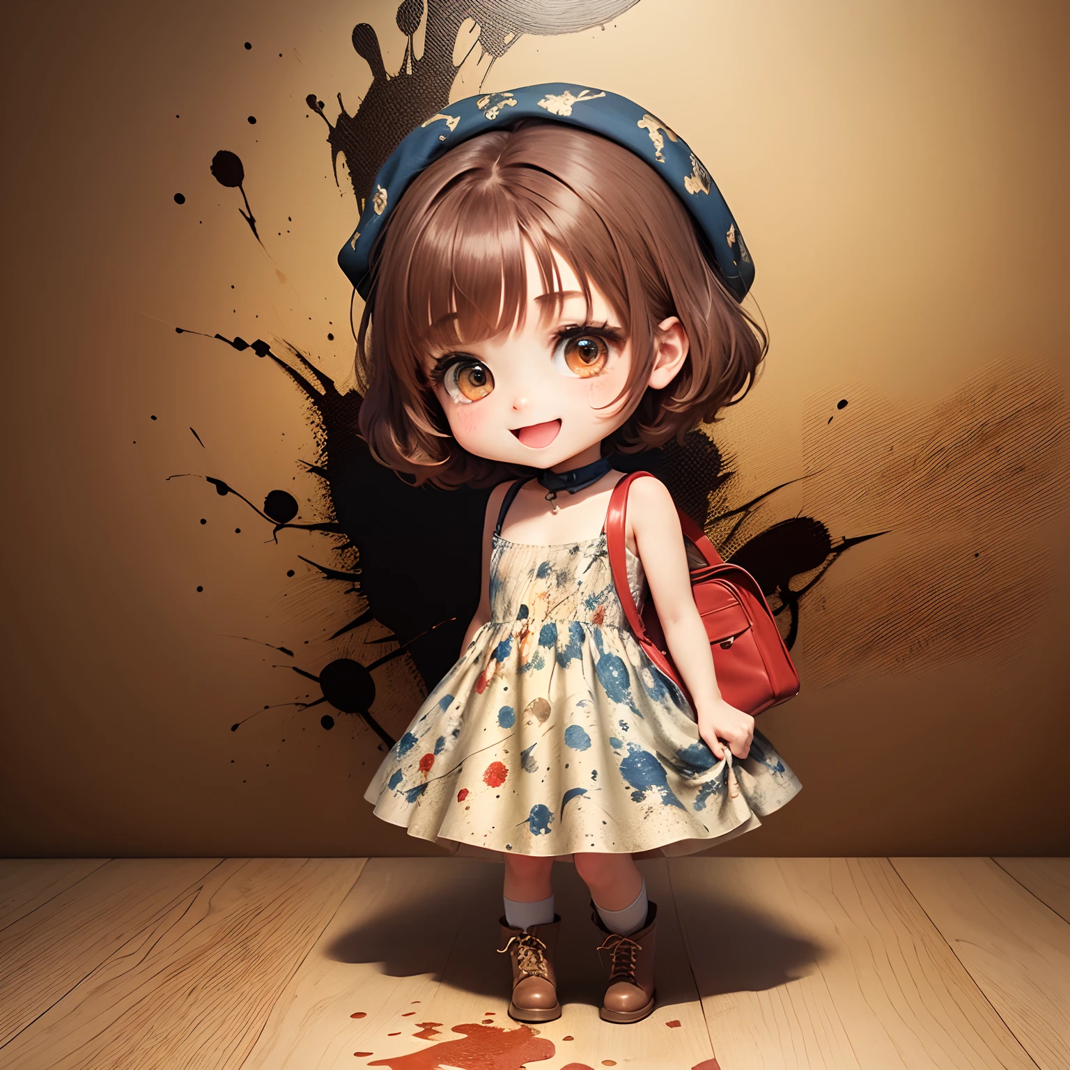 masterpiece、top-quality、ultra-detailliert、(Chibi Chara's Daughter:1.2)、Reddish brown Sauvage hair, (Jackson Pollock Long Dress :1.4),Beige knit short boots、Open your mouth and smile、Brown shoulder bag、Wallpaper on brown argyle pattern background