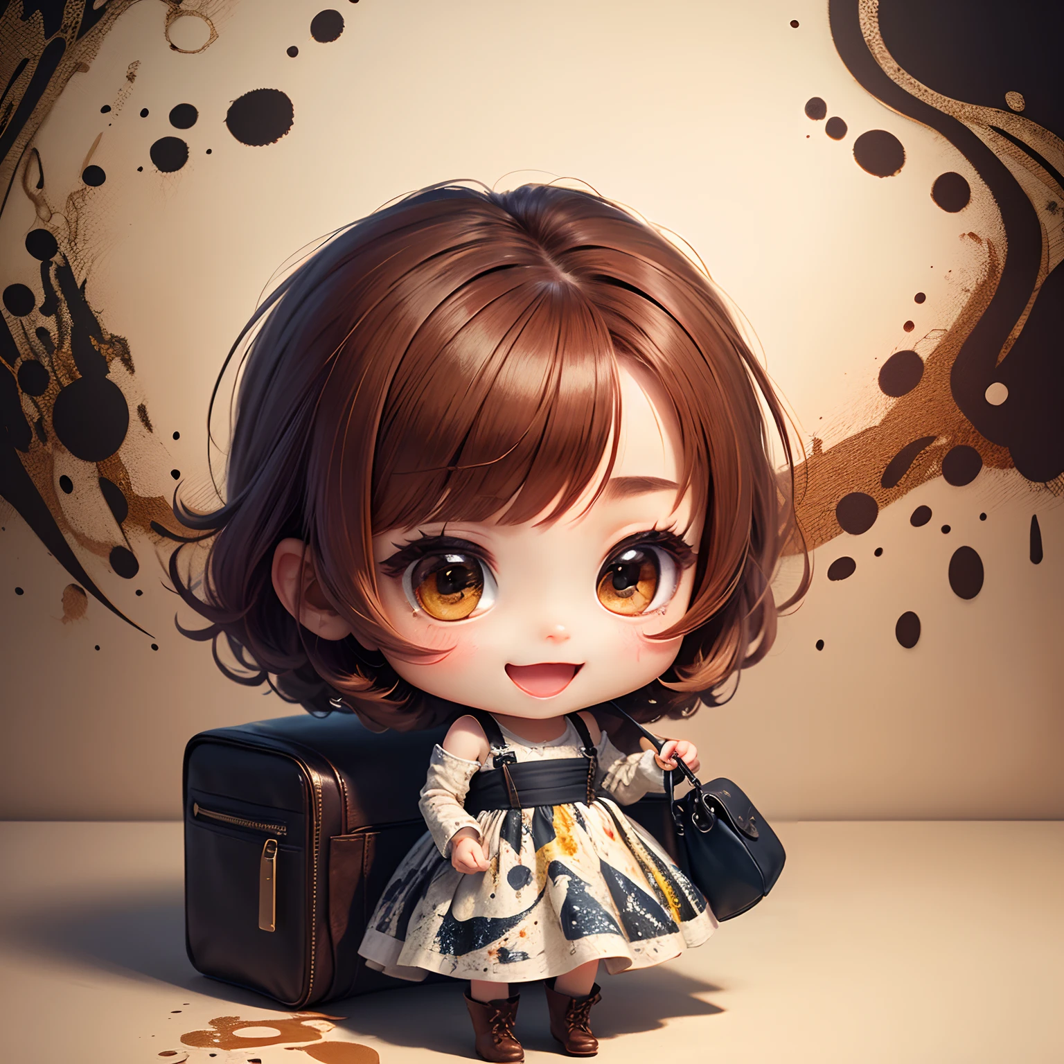 ​masterpiece、top-quality、ultra-detailliert、(Chibi Chara's Daughter:1.2)、Reddish brown Sauvage hair, (Jackson Pollock Long Dress :1.4),Beige knit short boots、Open your mouth and smile、Brown shoulder bag、Wallpaper on brown argyle pattern background