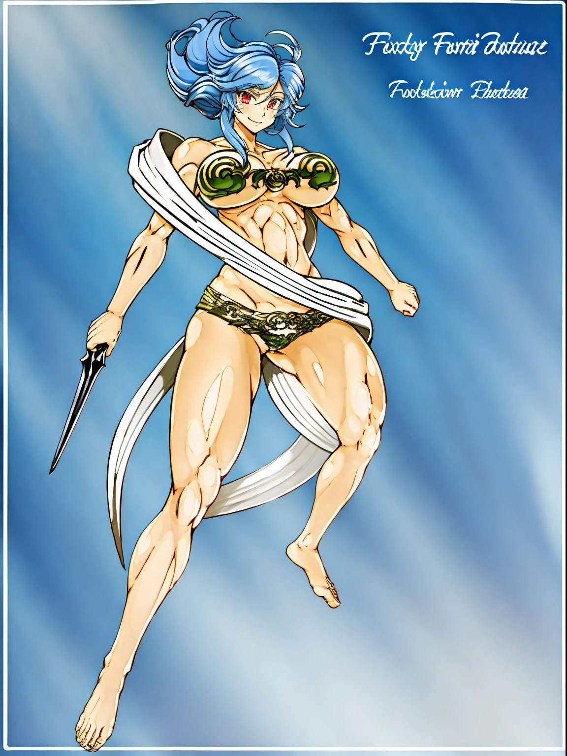 arafed image of a female character with a sword and a cape, skinny female fantasy alchemist, fey, complex fantasy character, cory chase as an atlantean, silvery skinned male elf, sexy pudica pose gesture, lady palutena, sfw version, pixiv contest winner, fantasy character, blue-skinned elf, fus rei, palutena, smile, red eyes, full body, blue hair, thick eyelashes, tomboy
