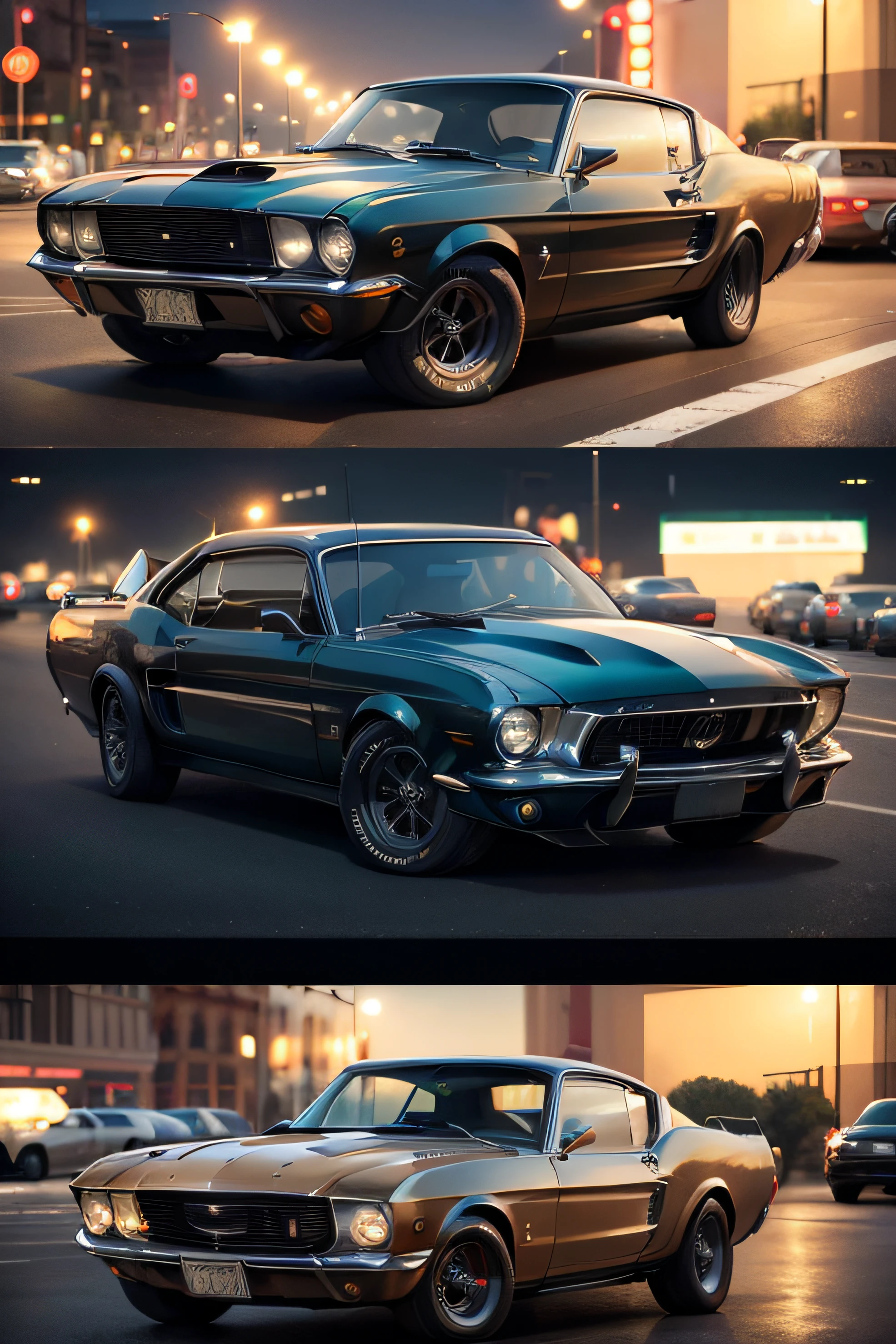 best quality,ultra-detailed,realistic, american car, city in night, mustang