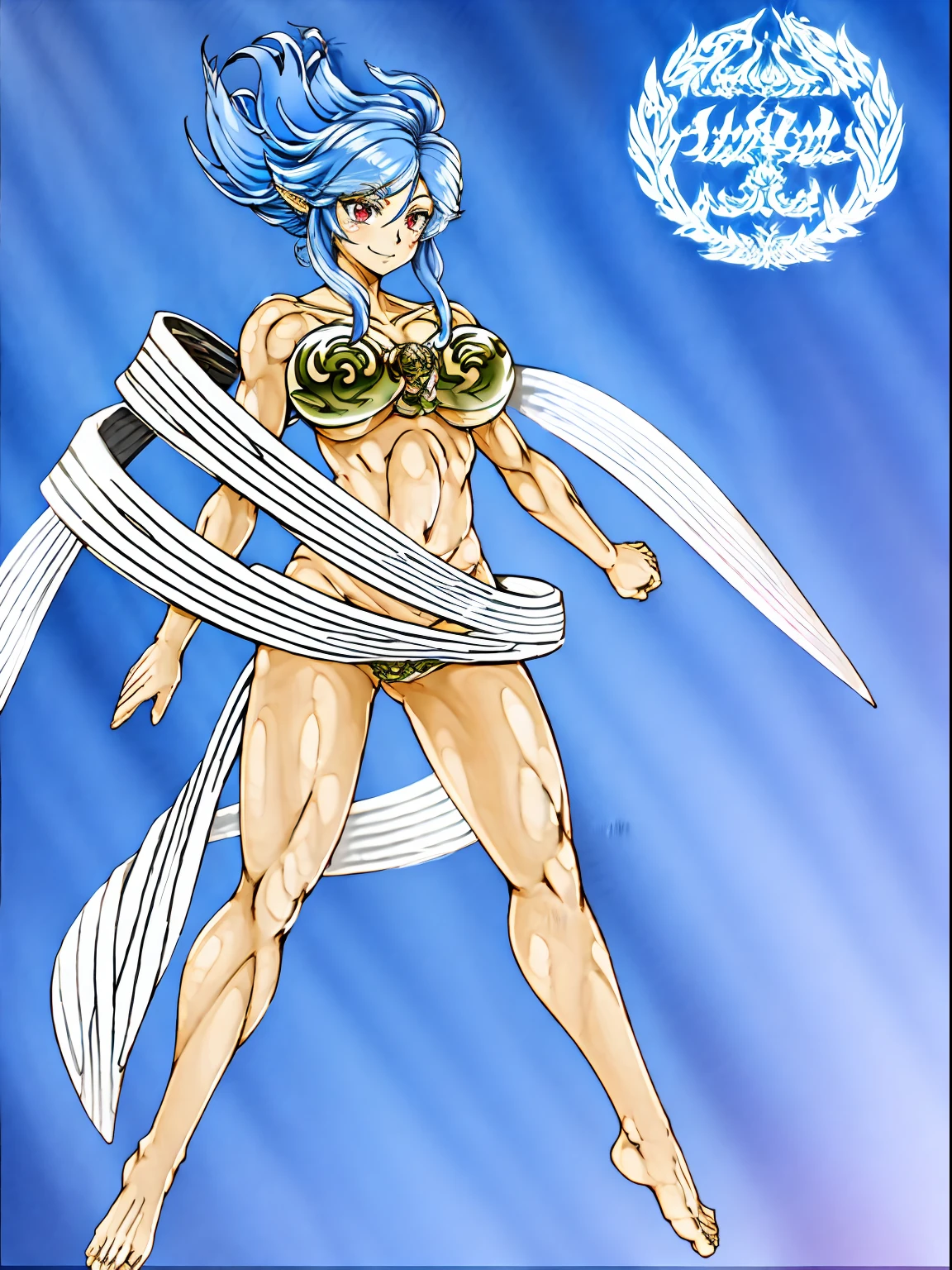 arafed image of a female character with a sword and a cape, skinny female fantasy alchemist, fey, complex fantasy character, cory chase as an atlantean, silvery skinned male elf, sexy pudica pose gesture, lady palutena, sfw version, pixiv contest winner, fantasy character, blue-skinned elf, fus rei, palutena, smile, red eyes, full body, blue hair, thick eyelashes, tomboy