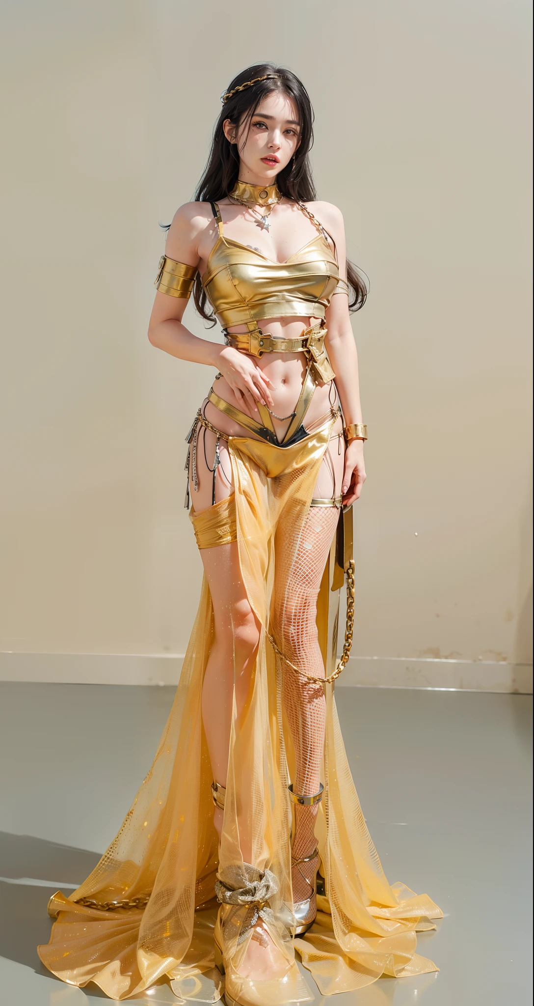 ,((Wearing a torn sheer costume of a superheroine)),(, No bra)), Wet crotch, Wet thighs, Beautiful girl with accentuated slender abs: 1.4, (((nipple tips protruding, areola is protruding, The shape of the pubic region is clearly visible)), sixpack abs: 1.4, Bust Botox, Photo, Sharpness, Unique 850 4, Koda850 k portrait camera, F1.6 shots, Ultra-realistic textures, Spectacular light textures, Cinestil 800 Fashion Mechanics, (futuristic sci-fi battle fashion: 1.1), (tied perfectly by chain), Restraint, Slaves, collars, ((wide prison with sunlight)), Dark fantasy, Realistic material details, extreme hight detail, Ultra-realistic materials ((Torn costume))), Wet, Cloudy, (Chained)), ((big emphasized by chains)), ((chains digging into crotch)), ( (Collar)), (, No bra), shredded costumes, broken golden shields and battle spears,, White combat gloves, Combat shoulder armor, Blood splattered on the face, Blood splattered, Realistic, (Bruises, Dirty, ripped clothing, skimpy clothing, Blood: 1.3), Torn Cape, Torn pantyhose, Long legs, ((iron pipe in the crotch)), Metallic shackles and fetters, ((chains hung from heaven)), Wet crotch is clearly visible, Swarovski's sword and the anatomy beneath his feet, (futuristic sci-fi battle fashion, Torn mesh stockings),