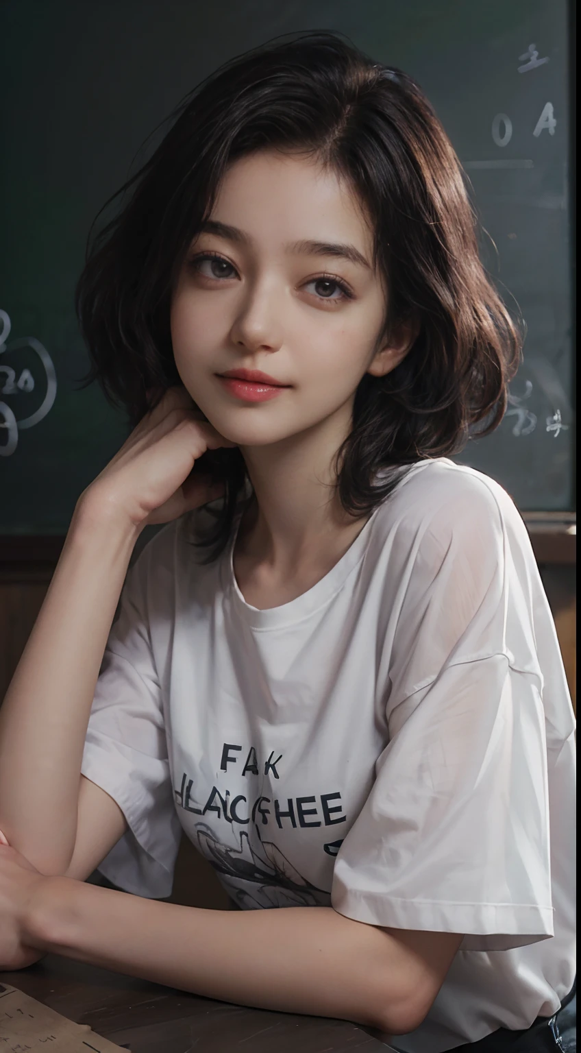 (((Black Shorthair:1.2))),  (a 20 yo woman), (T-shirt design), (Floral clothing), (Breast bulge),((Being in the physics classroom)),  (A hyper-realistic), (Relaxed), (Increased resolution), (8KUHD), (Extremely detailed), (Best Illustration), (Beautiful and detailed eyes), (Best Quality), (ultra-detailliert), (masutepiece ), ( Wallpaper), (Detailed face), Fine details,  Deep Shadows, lowkey,  Smiling,  (Portrait of Einstein), (Portraits of many physicists), (Solving the formula on the blackboard)