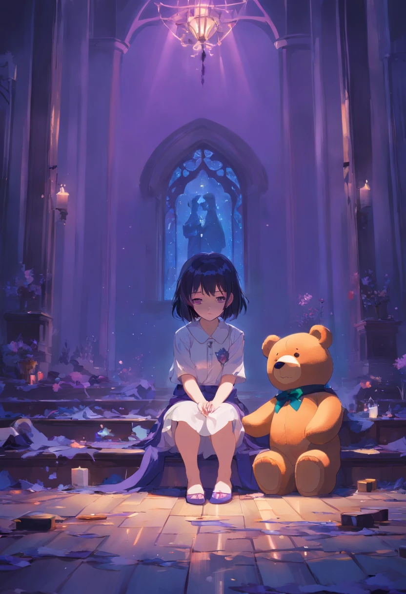 A sad girl on her knees, holding a teddybear. In front of the viewer. Moody purple lighting. In the style of Adrian Ghenie, surrealism, Takato Yamamoto, Tim Burton. Guweiz. Pixiv. Aquarelle. Corpse Bride.