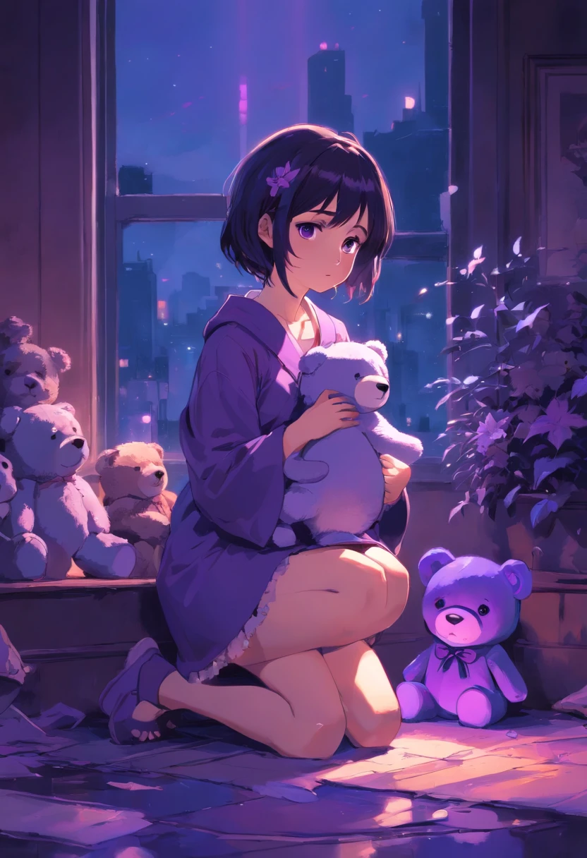 A sad ??????? her knees, holding a teddybear. In front of the viewer. Moody purple lighting. In the style of Adrian Ghenie, surrealism, Takato Yamamoto, Tim Burton. Guweiz. Pixiv. Aquarelle. ?????? Bride.