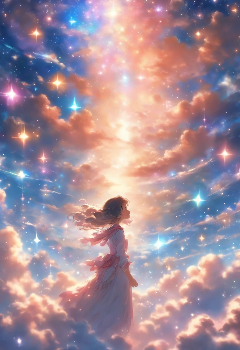 Step into a world of wonder and ethereal beauty, where reality and dreams intertwine. Visualize an awe-inspiring scene - a breathtaking view of a sea of stars, shimmering brilliantly above a blanket of fluffy clouds. In the foreground, a young girl stands on a cloud, her silhouette poised against the celestial panorama. BREAK Describe the girl's stance as she gazes up at the vast expanse of twinkling stars, capturing her sense of awe and reverence. Explore the emotions evoked by the scene - a mix of wonder, curiosity, and a deep connection to the vastness of the universe. Consider the significance of this moment for the girl - is she contemplating her place in the cosmos, seeking solace or inspiration, or perhaps embarking on a celestial journey of her own? BREAK Craft a brief narrative or evoke a sense of atmosphere, using evocative language to emphasize the surreal and otherworldly nature of the scene. Explore the interplay between the tangible and the intangible - the solid cloud beneath her feet contrasting with the infinite expanse of stars above. Consider incorporating sensory details such as the soft touch of the cloud, the sound of distant celestial music, or the faint scent of stardust in the air.