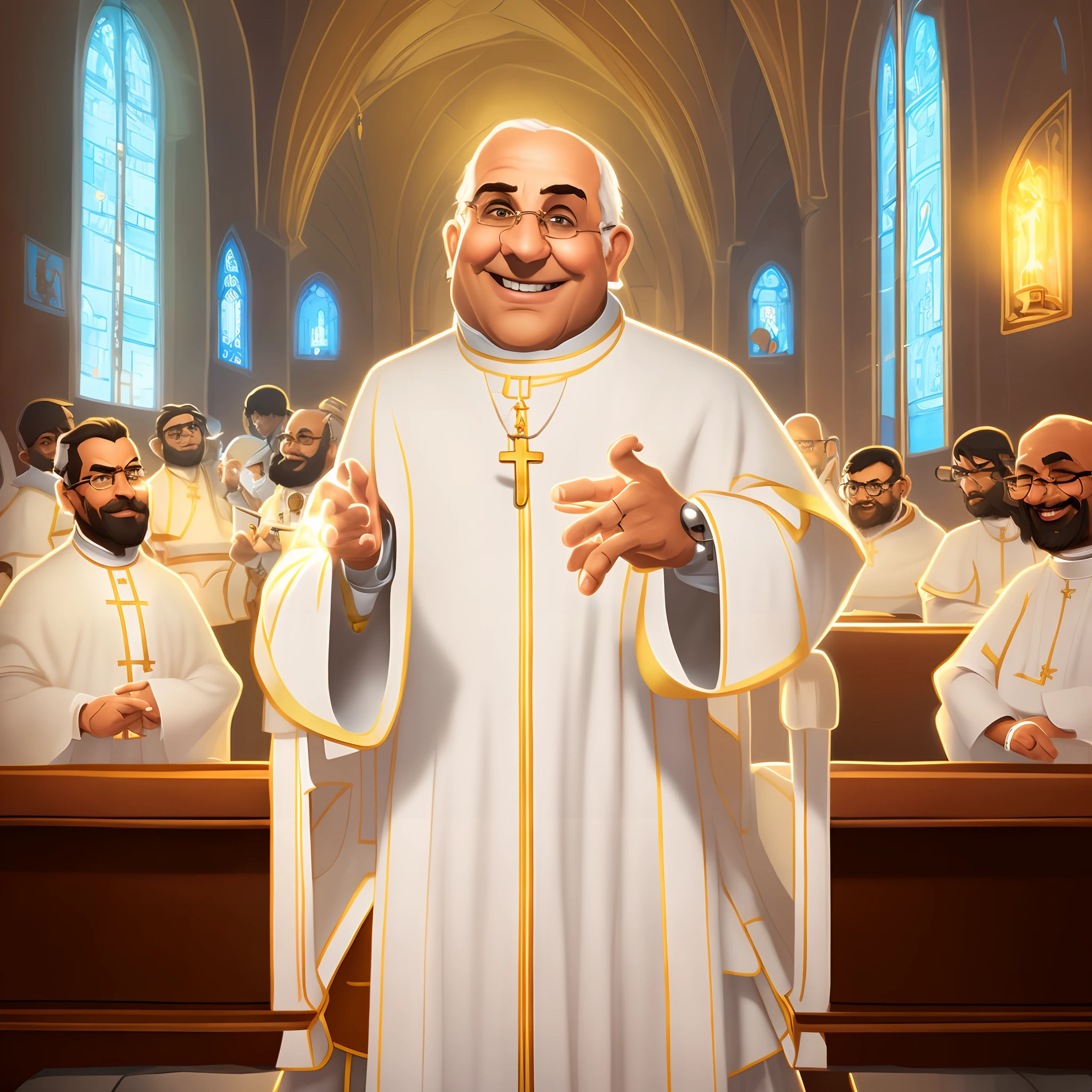 desenho animado de um padre em uma igreja com um grupo de pessoas, an evil catholic priest, sacerdote, O Papa, inspirado em Cagnaccio di San Pietro, papa, cleric, dressed like a cleric, Retrato do Santo Padre, Culto ao Papa, Catholic, robot pope, picture of a male cleric, Colorido digitalmente, in cartoon style, full-colour illustration