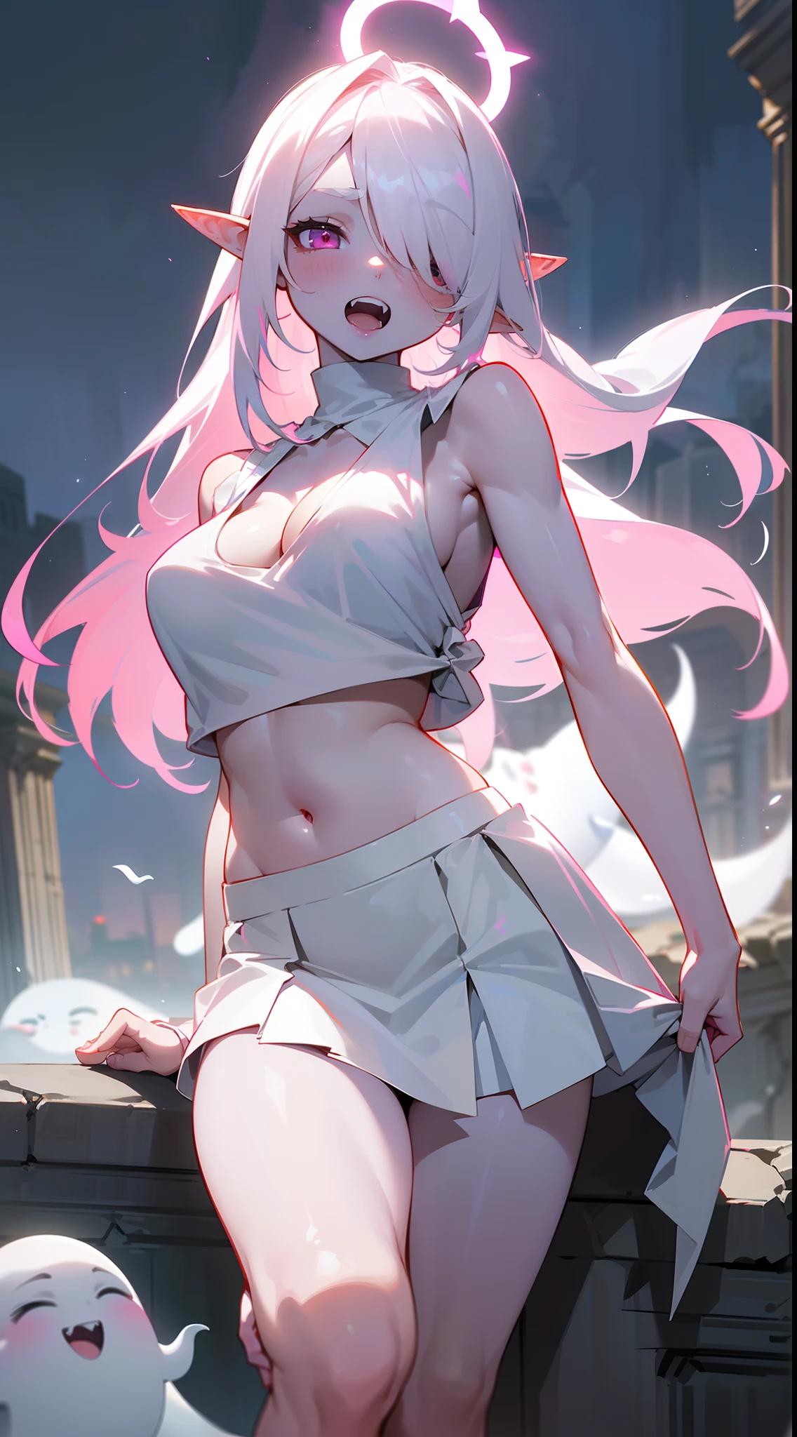 Original Character,8k, Masterpiece, Best Quality,Detailed, Beautiful Detailed Eyes,fine skin,cinematic composition),16 years old,1vampire girl,solo,pink eyes,white hair, long hair,(((white skin,colored skin,hair over one eye,pink halo))),sharp teeth,(large breasts),((show belly,white sleeveless and shoulderless t-shirt,cleavage,white skirt,bare foots,sexy,sensual,elf ear,blush)),((flying in front a stones ruins in night, cutes ghosts around)),night,pink halo,white skin,colored skin,seductive expression,open mouth,fangs,
