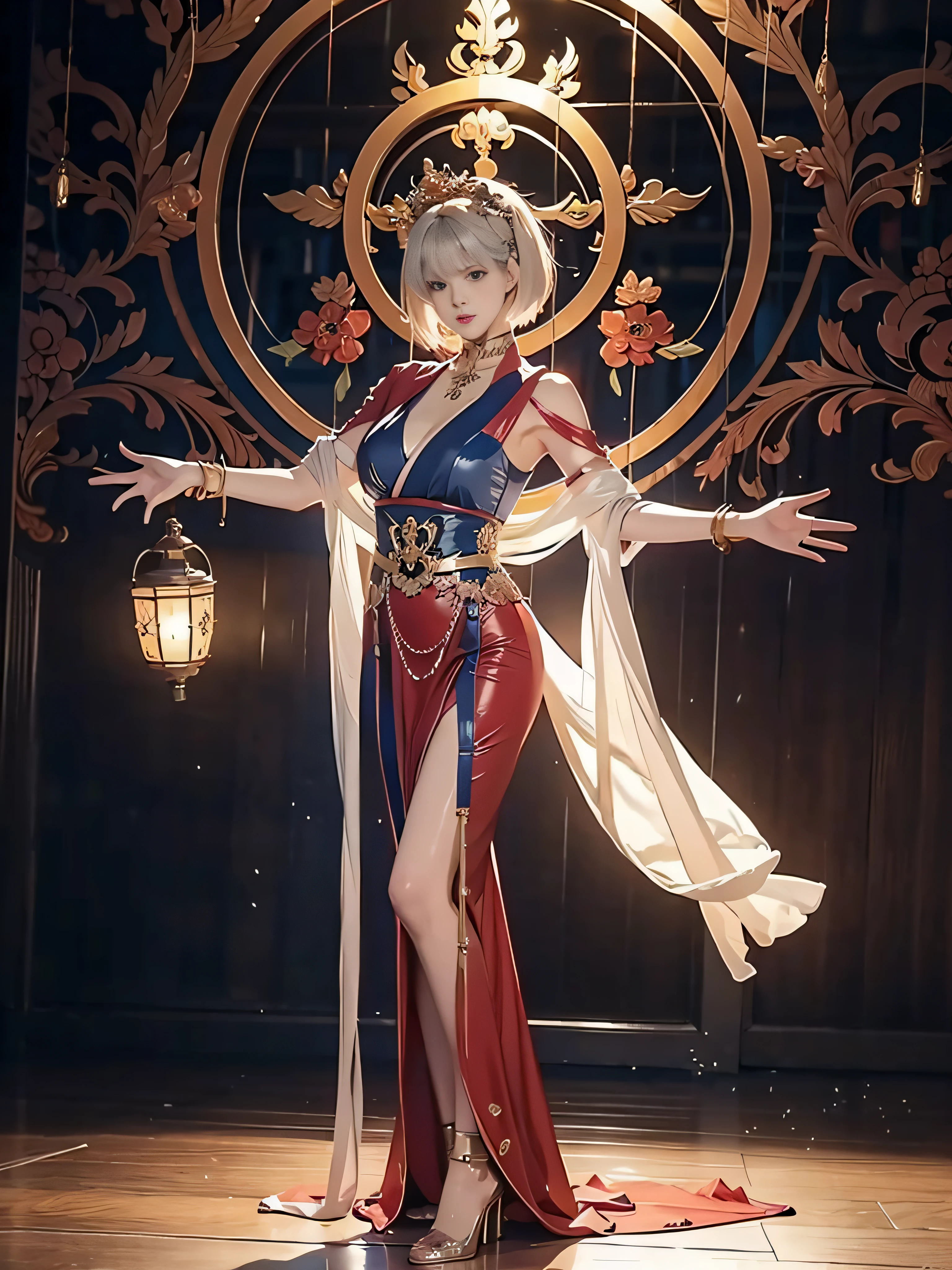 Rei Ayanami、Messy hair of waist length、Happiness、full body Esbian、Beautiful anime waifu style girl、hyper detailed painting、luminism、Art by Kahne Griffith and Wadi Mukasin concept art、4K resolution、fractal isometricdetailbioluminescence、3d rendered、octan render、complexly detailed、movie、Isometric Central Surrealist Cover Photo at Art Station Amazing Full Color Trend、handdraw、Grainy、realistic mucha、hit definition、 movie、On paper、Ethereal background、Abstract beauty、stands、Approaching perfection、Pure form、the golden ratio、minimalistic、continue、concept-art、Brian Froud and Khan Griffith and Vadim Kashin and John William Waterhouse、intricate-detail、8k post-production、hight resolution、ultra-detailliert、Trending on ArtStation、foco nítido、studio photo、intricate-detail、ighly detailed、by Greg Rutkowsky,A bell hangs on his chest,fully body photo、Japanese dress Exposed huge udder、Japan outfit、Japanese Katana Sword、arms are