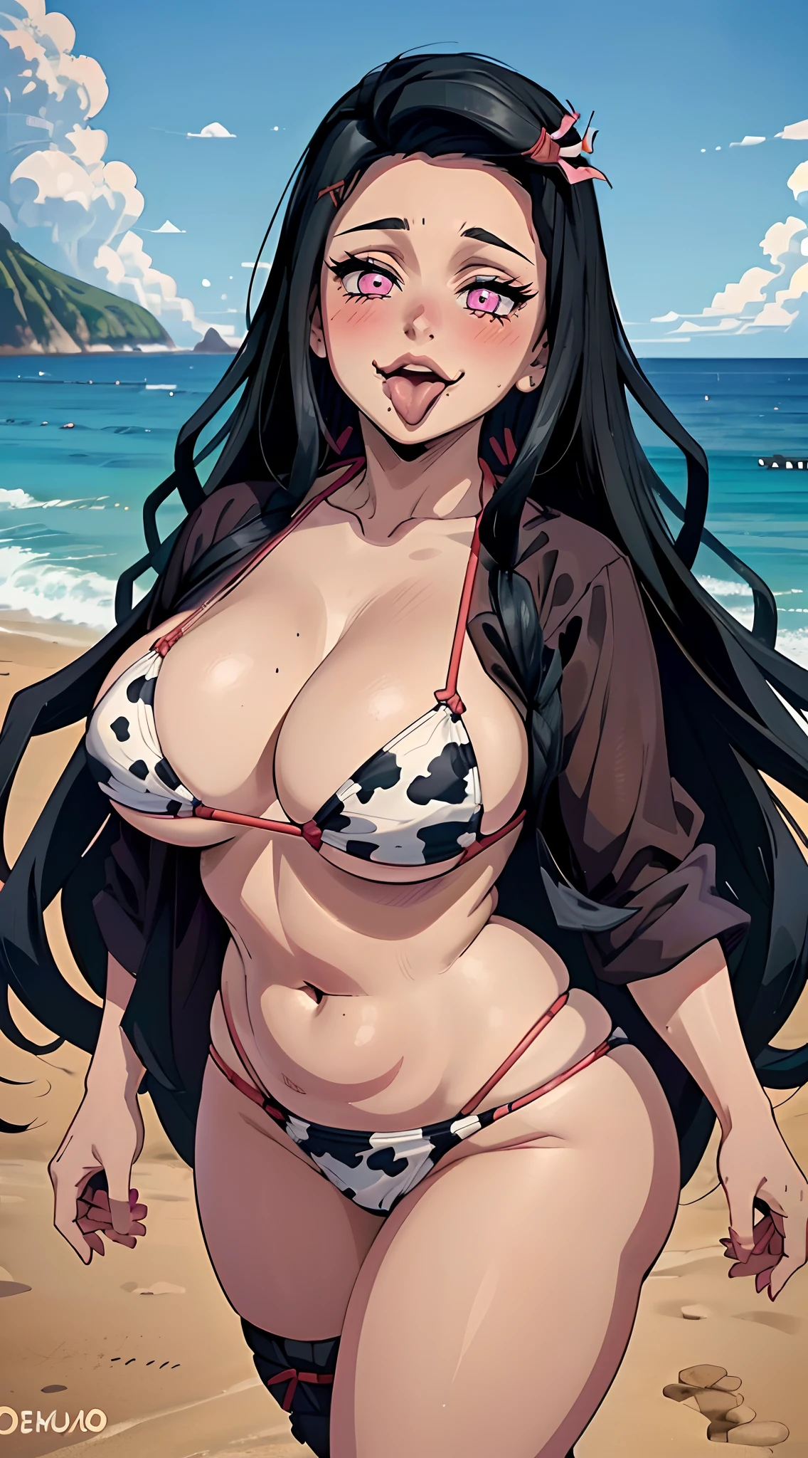 (melhor qualidade:1.3), (qualidade 4K), Nezuko Kamado por demon slayer, ((Rosto detalhado)), ((body curvy)), (peitos grandes), clivagem, sexy, (((mouth open with tongue out))), ((cow bikini)), ((Praia))