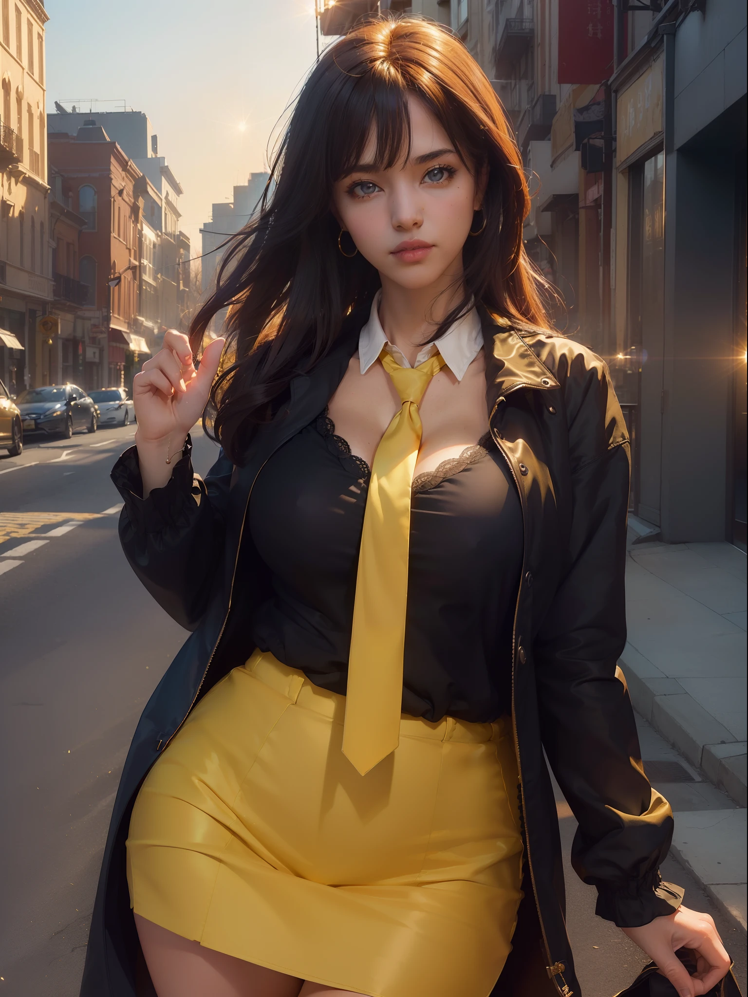 ((nsfw)),1girl, intricate detail, masterpiece, best quality, extremly detailed,cinematic lighting, beautiful detailed glow, finely detailed beautiful face and eyes, 8k, dark intense shadows, yellow eyes, medium hair, black hair, bangs, floating hair, black jacket, open jacket, white shirt, expressionless, yellow necktie, black skirt, spotlight, sunshine, sunrise, gradient sky, city, lens flare, cowboy shot, [[curvy]], [mature female]