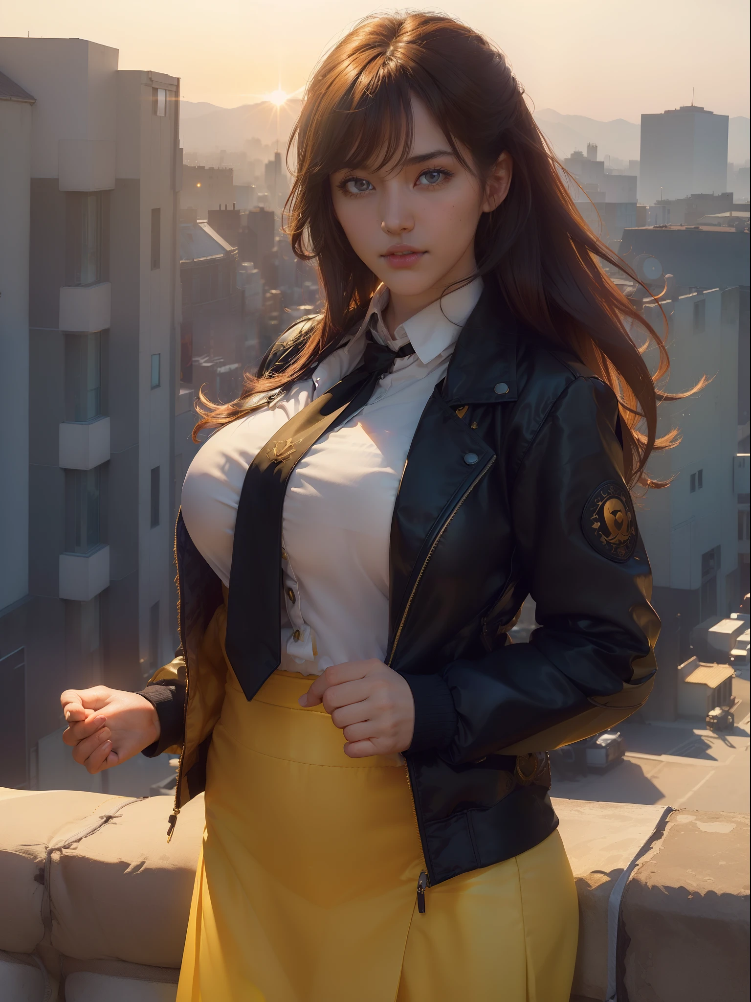 ((nsfw),((big breasts:1),1girl, intricate detail, masterpiece, best quality, extremly detailed,cinematic lighting, beautiful detailed glow, finely detailed beautiful face and eyes, 8k, dark intense shadows, yellow eyes, medium hair, black hair, bangs, floating hair, black jacket, open jacket, white shirt, expressionless, yellow necktie, black skirt, spotlight, sunshine, sunrise, gradient sky, city, lens flare, cowboy shot, [[curvy]], [mature female]