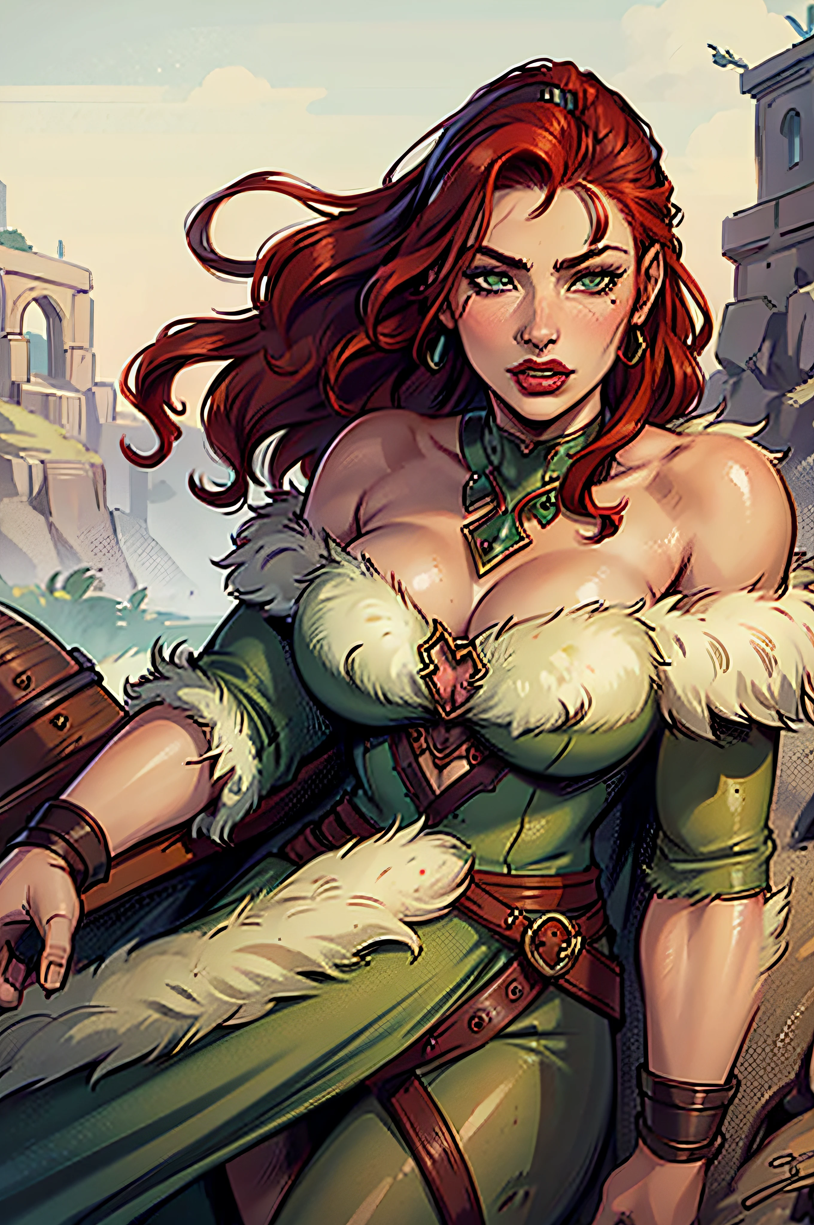 beautiful woman (Adriana Lima :1.1)  red lips, green eyes, viking warrior, fur cloak, armor, red hair, wavy hair, (closeup, portrait shot), (solo), realistic, depth of field