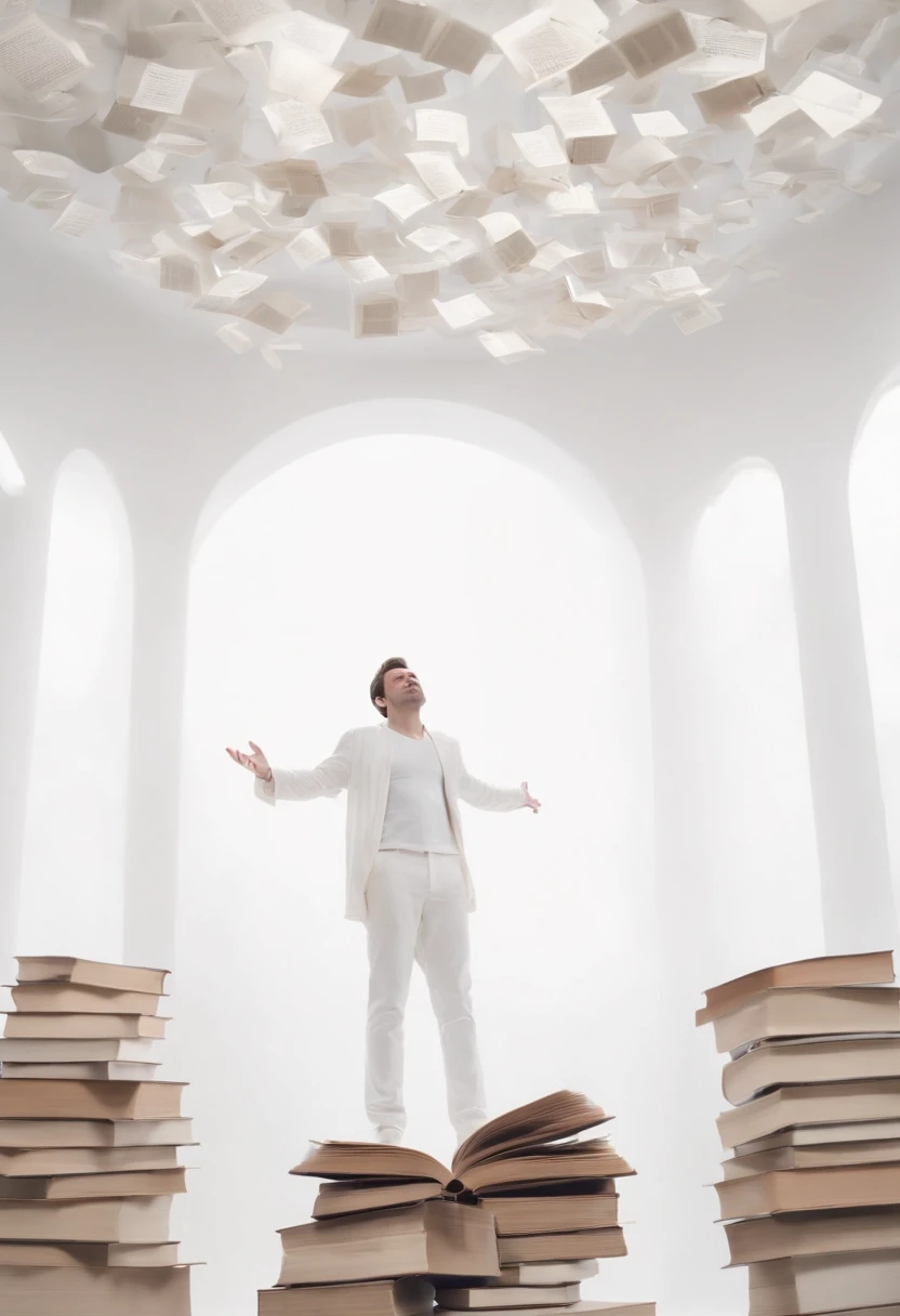 a man standing in white space , no details , wearing white clothes , looking up ,a lot of flying books around him ,high angle shot , back view