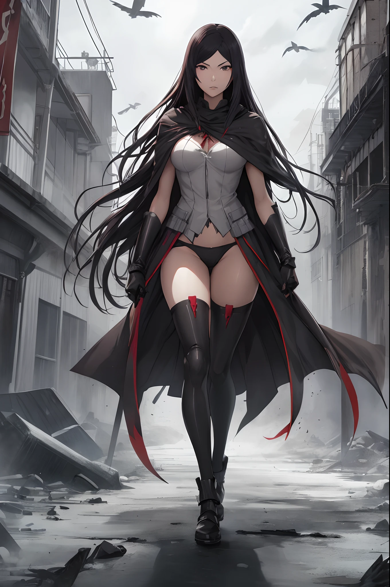 kurihara Mari from prison school, black long hair, perfect grey eyes, full body view, (wearing red Armour, cape), walking and holding a big sword on the destroyed futuristic city, cinematic shadow, cinematic fog, crows in the sky, fantasysword sword