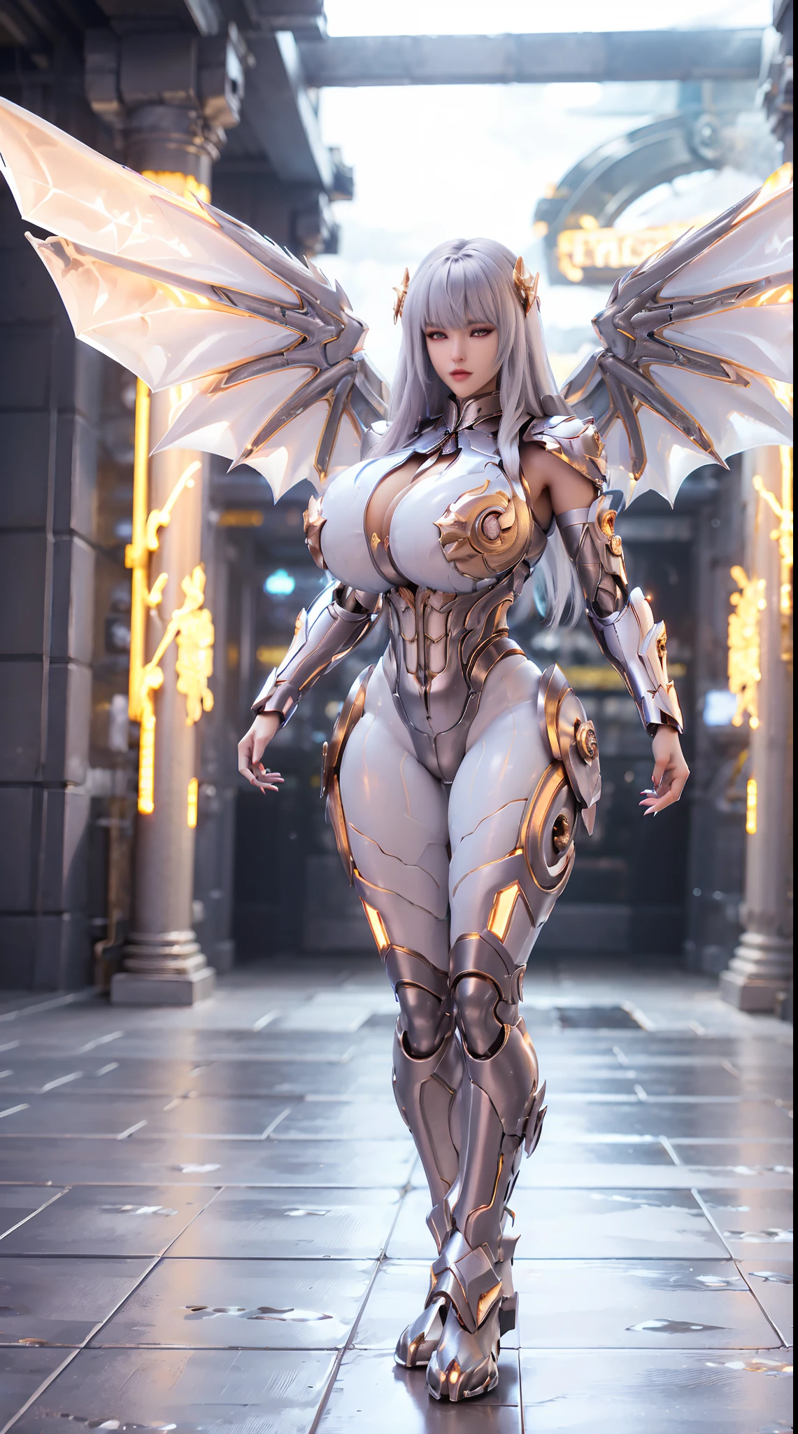 HUGE FAKE BOOBS, (BEAUTIFUL), (GOLD, WHITE), (SILVER FONT BANGS HAIR), DRAGON SCALE ARMORED GEAR, FUTURISTIC MECHA SUIT, (CLEAVAGE), ((LARGEST DRAGON WINGS)), (SKINTIGHT YOGA PANTS), (TALL LEGS), FRONT, (STANDING), SLENDER SEXY BODY, MUSCLE ABS, UHD, 8K, 1080P.
