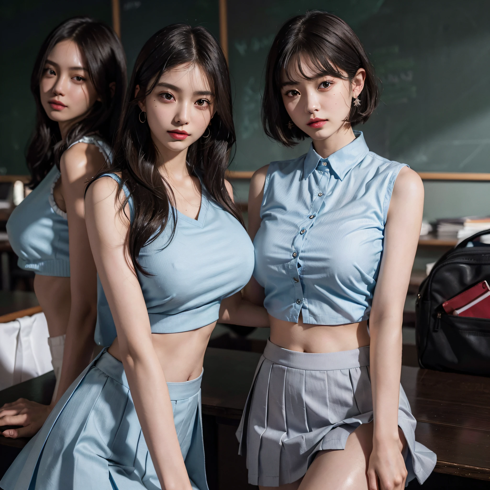 absurdres, RAW photo, extremely delicate and beautiful, masterpiece, Best Quality, ultra high resolution, 16k, hyperrealistic, ultra-detailed, Very detailed CG 8k wallpaper, Beautiful Lighting, Perfect Lightning, Realistic Shadows, perfect anatomy, super Detailed skin, perfect figure, Japanese woman, late 20s, very Slim body, narrow waist, very small head, handsome detailed woman, very detailed eyes and face, realistic face proportions, Stunning detailed eyes, Realistic beautiful face, very small face, Realistic small beautiful eyes, double eyelids, tearful mole, mole on chest, earring, beautiful and very thin legs, beautiful and very thin thighs, (((very huge round breasts))), (full body shot), (((short hair))), (wavy hair), (((school uniform, light blue shirt, dress shirt, Check skirt))), (((midriff peek))), (((sleeveless))), (((((2 girls))))), (bare arms), (bare legs),