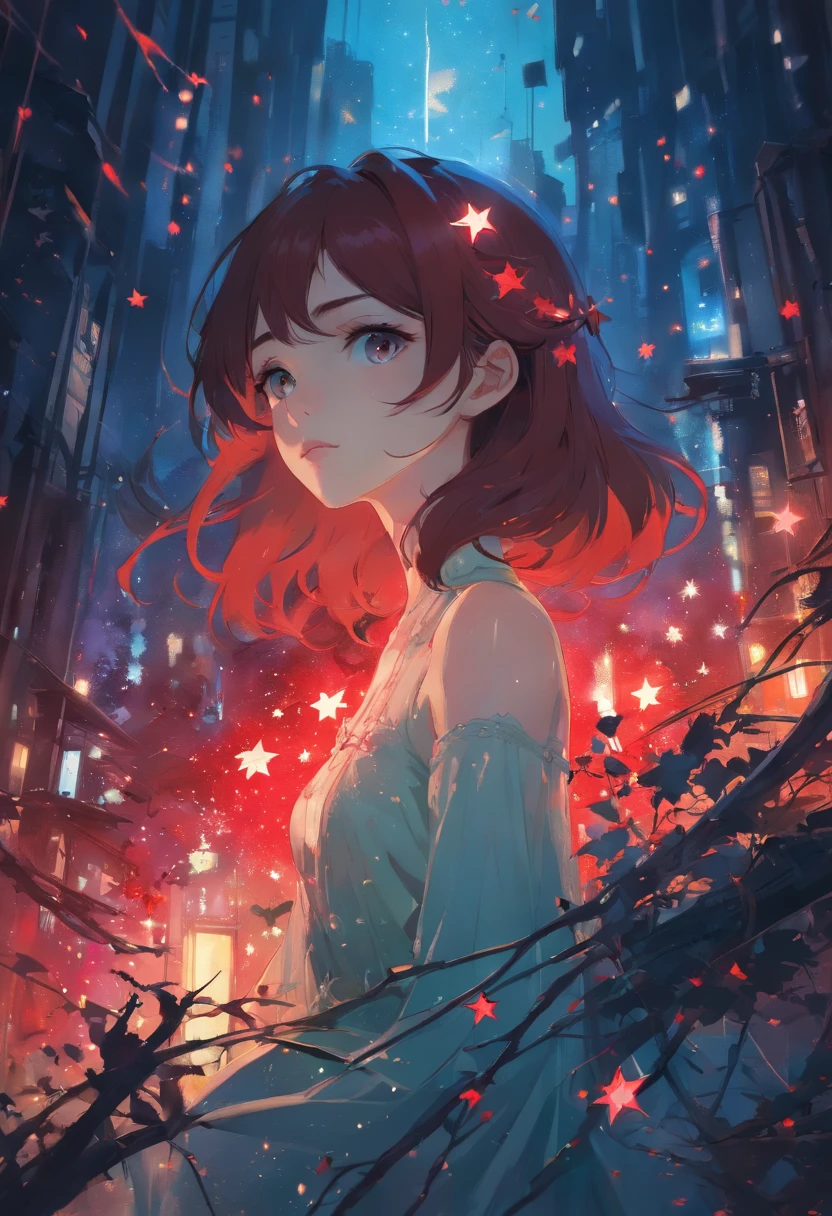 Moody lighting. Red stars. In the style of Adrian Ghenie, surrealism, Takato Yamamoto, Tim Burton. Guweiz. Pixiv. Aquarelle. Corpse Bride.