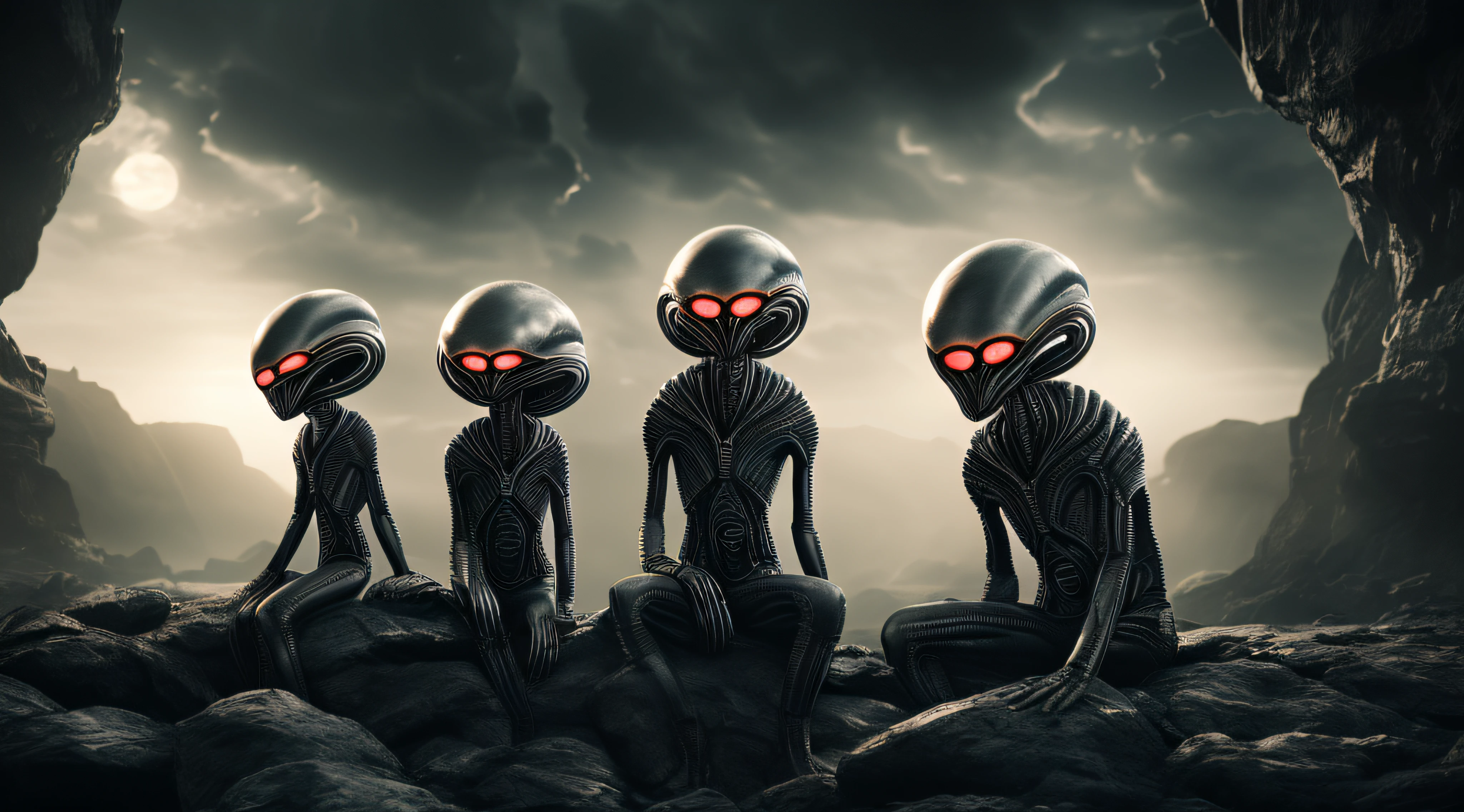"(Three EBE-style aliens:1.2), (black background:1.1), (serious expressions:1.1), (sitting in a dark setting:1.1), (slender build:1.1), (gray skin:1.1), (cinematic effect:1.2), (surreal ambiance:1.2)"