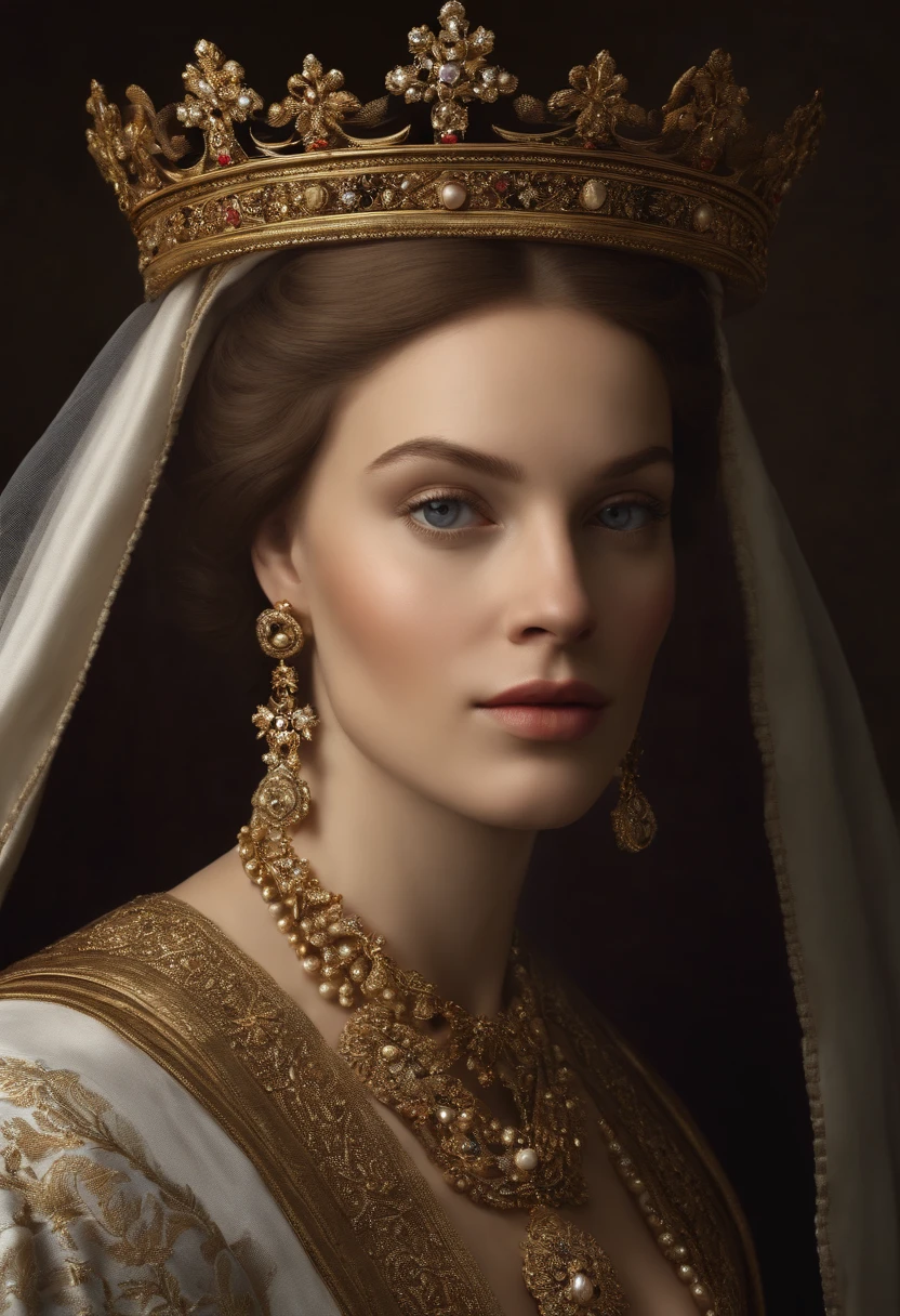 Best quality,ultra-realistic:1.2),A high resolution,Ultra-detailed,Portrait wife of King Henry VIII,Toile de fond urbaine,Beaux yeux expressif,beautiful detailed lips,espagnole, cheveux sombre, Beautiful and elegant personality,Sumptuous dress outfit as well as the hairstyle of his time that reflects the royal status. religieux, foi catholique. Tenez-vous en confiance, ,Mediterranean skin colors, espagnole.Sculpted skin,Joaillerie,colliers croix catholique,Contexte historique,Calm and powerful manners,Dark black and gold color scheme,maquillage naturel,glowing complexion,Ornate crown,Royal and elegant presence,Expression sereine,Improve facial features,Des cheveux de luxe fluides.Face to face the screen. Gaze fixed on the screen., Realstic, 8k, Cinematic face to the screen. Decoration of the Catholic cross background.