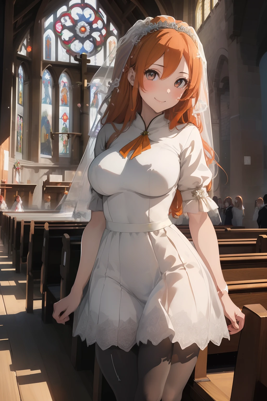 (masterpiece、top-quality、top-quality、Beautifully Aesthetic:1.2)、1 girl in、ighly detailed、highestdetailed、grey eyes、orange color hair|long Brond Hair、((weddingdress))、((pantyhose))、Matsumoto Rangiku、graffiti art、Look at the viewer、A smile、((Open legs))、((inside a church))、((self lift))、((bride))、((doress))