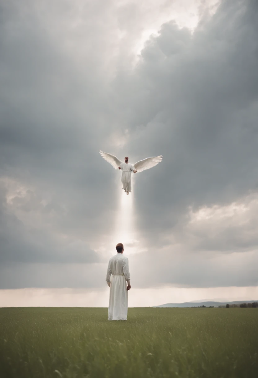 A man , dressed in white, stands on a white field, looking up at the sky with intense fear and tension on their face. Books are flying through the air, swirling around the person, back view , wide shot , high camera angel