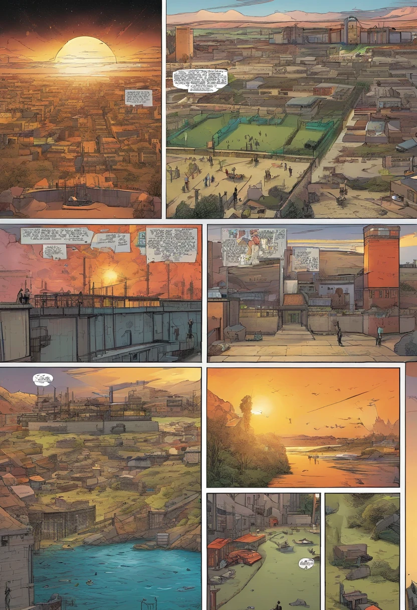 American comics, the comic story is presented in multiple irregular panels with color. The main focus are different panels focusing on scenery of a huge security-packed prison