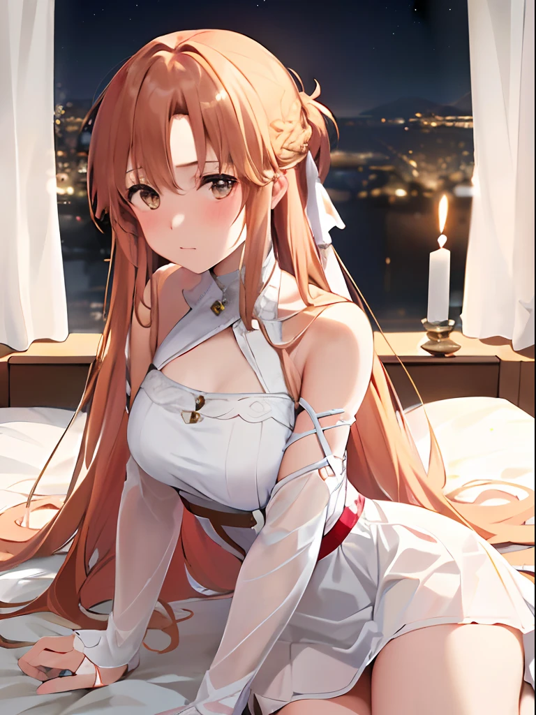 (Best quality, 8k, ultra high res, absurdes:1.2), (Yuuki Asuna from Sword Art Online), ( long beautiful hair, honey eyes, Adult, mature, blush, shy, cute ), (laying in bed, on back, view from top, facing front camera, sleepy, wearing white dress, candle lights, cozy lights, night )