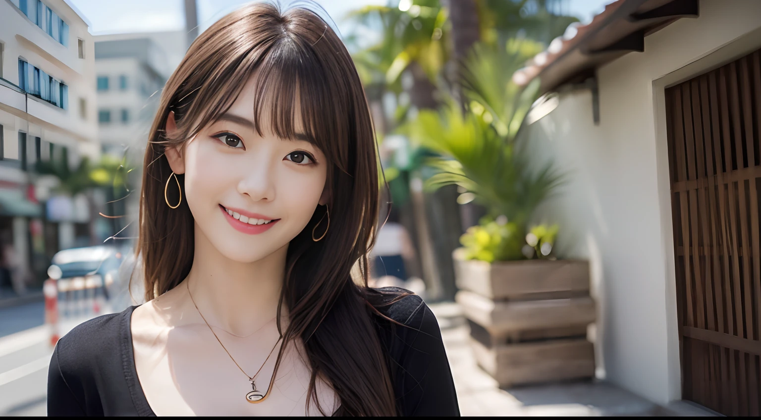 ((Realistic lighting、top-quality、8K、Master masterpiece:1.3))、Clear focus:1.2、 girl with、Perfect Body Beauty:1.4、Slim abs:1.1、full bodyesbian、((dark brown  hair、large full breasts:1.3))、(Acceleration:1.4)、(outside of house、Daylight:1.1)、View of Waikiki Beach、Palm Tree、Slender face、Fine eyes、二重まぶた、fashion model pose、Floating hair、tshirts、Pendants、Angel Smile、Smile of shame
