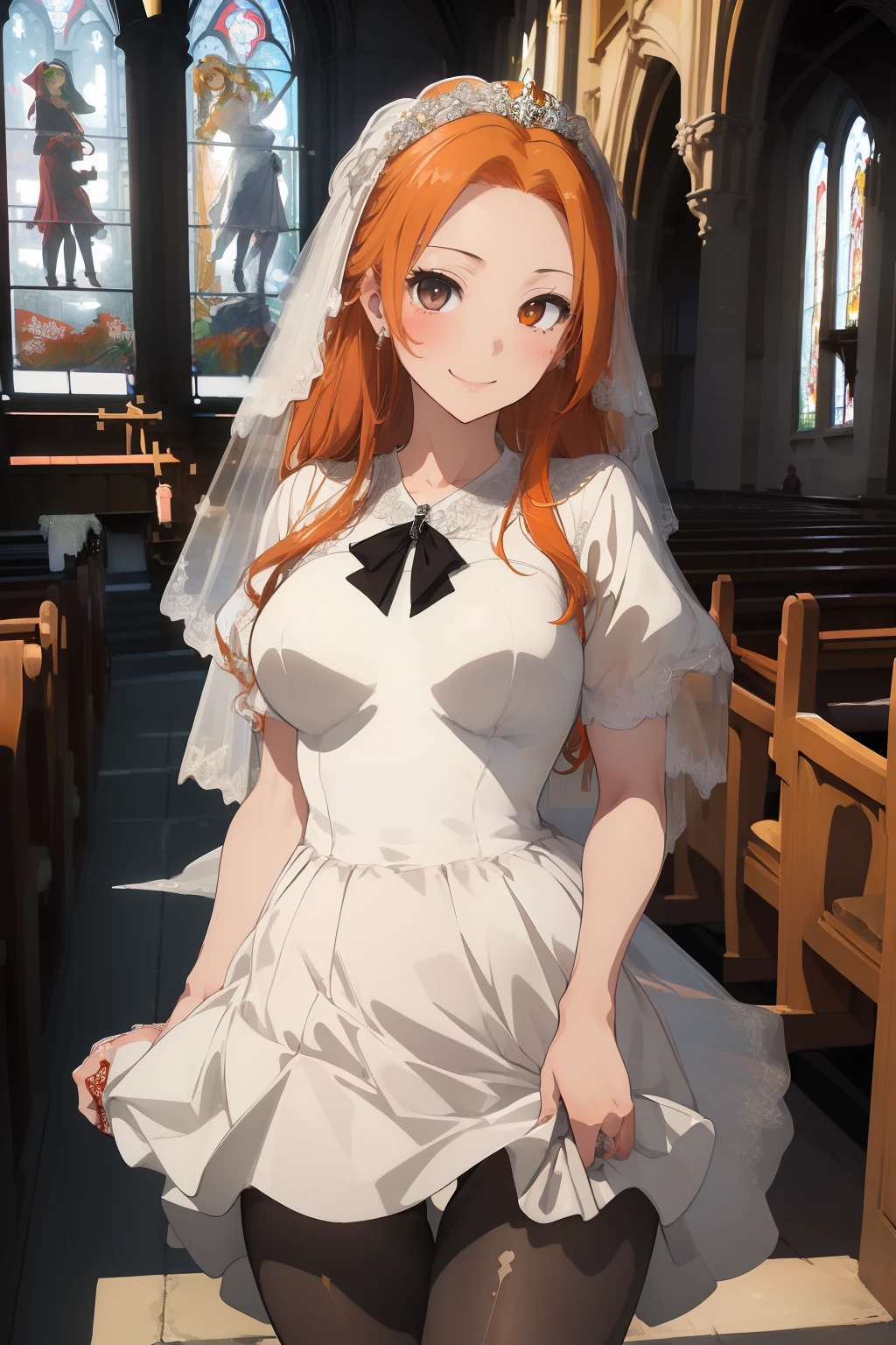 Makima , 1girl , anime , masterpiece ,yelow eyes , ring eyes , red hair , ponytail braid ,veil , blush, shy, bride white dress , short dress , sexy coxas ., medium breasts, garterbelt, white lace stockings. Roses bouquet, church