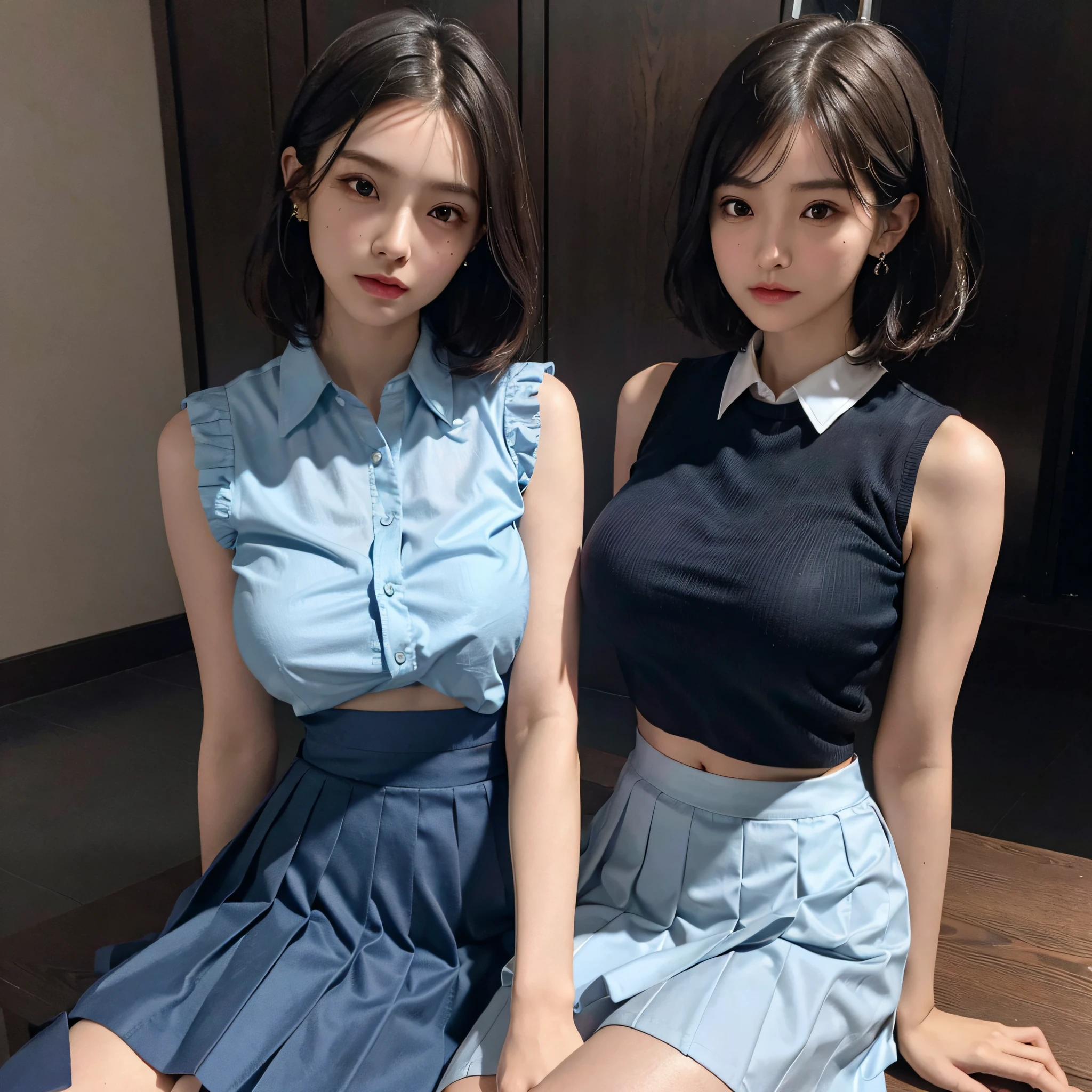 absurdres, RAW photo, extremely delicate and beautiful, masterpiece, Best Quality, ultra high resolution, 16k, hyperrealistic, ultra-detailed, Very detailed CG 8k wallpaper, Beautiful Lighting, Perfect Lightning, Realistic Shadows, perfect ???????, super Detailed skin, perfect figure, Japanese woman, late 20s, very Slim body, narrow waist, very small head, handsome detailed woman, very detailed eyes and face, realistic face proportions, Stunning detailed eyes, Realistic beautiful face, very small face, Realistic small beautiful eyes, double eyelids, tearful mole, mole on chest, earring, beautiful and very thin legs, beautiful and very thin thighs, (((very huge round breasts))), (full body shot), (((short hair))), (wavy hair), (light blue shirt), (((school uniform, dress shirt, Check skirt))), (((midriff peek))), (((sleeveless))), (((((2 girls))))), (bare arms), (bare legs),